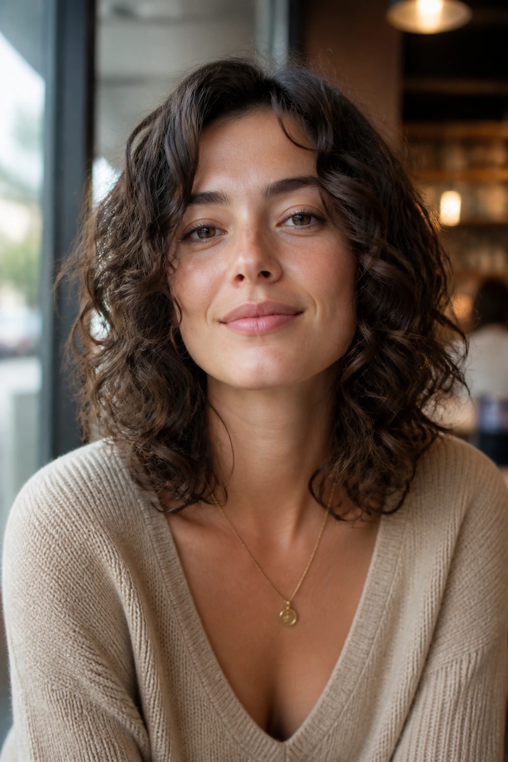 Portrait of real woman with bang-free curly shag at shoulder length