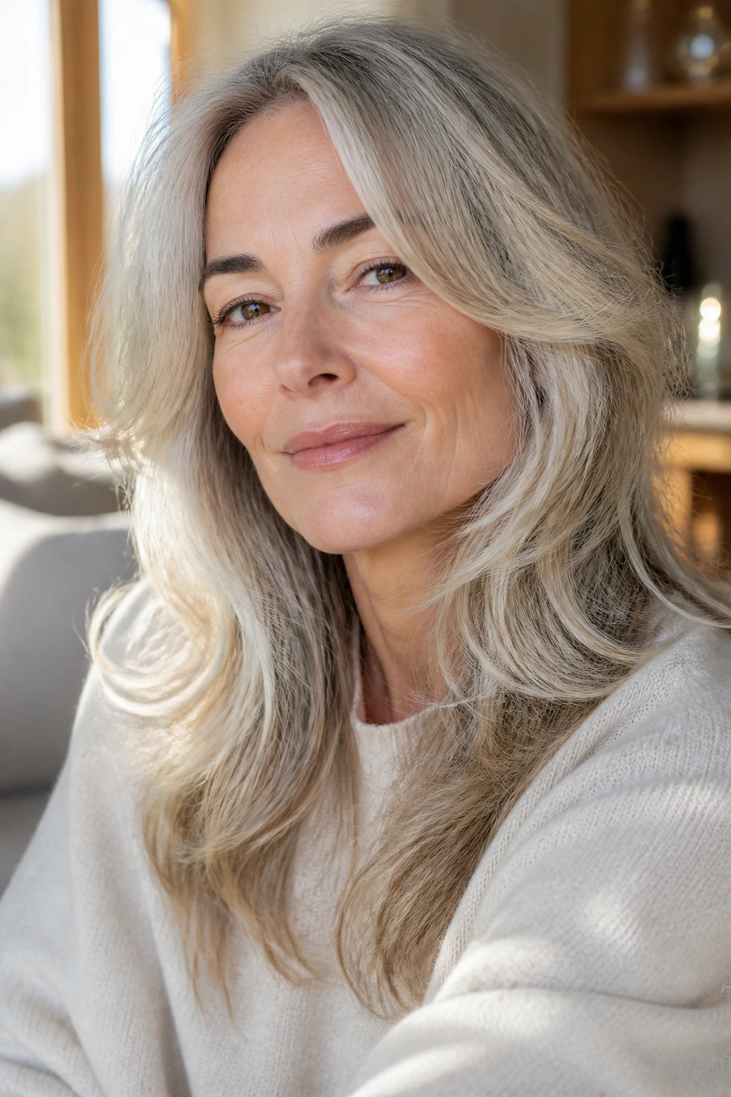 Portrait of a woman with bang-free long shag and soft face-framing layers.