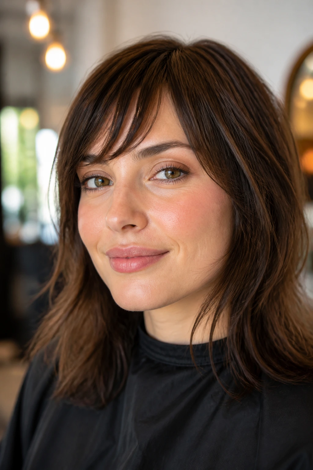 Portrait showing bangs ending between outer brow and cheekbone