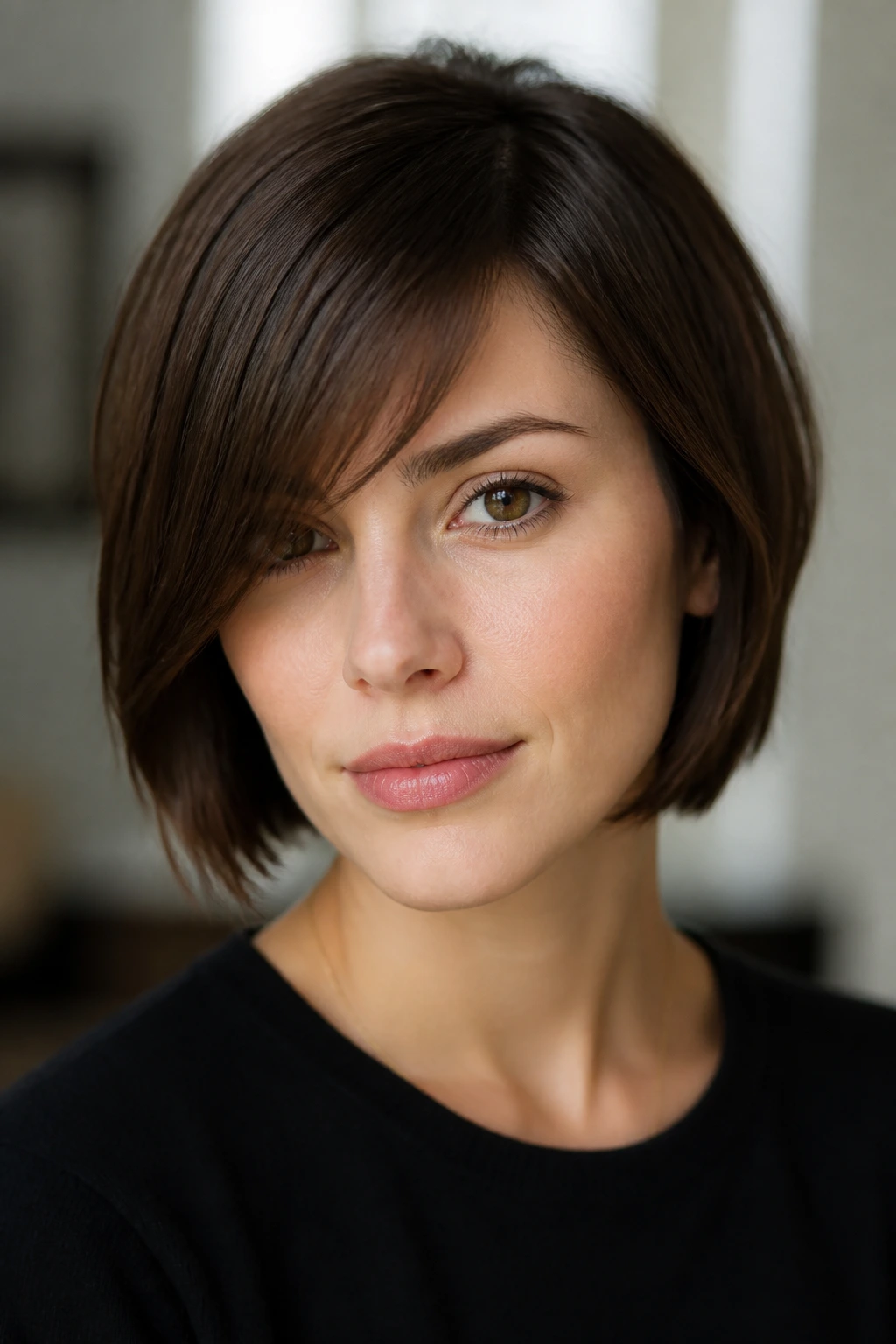 Real woman with side bang length between brow and cheekbone
