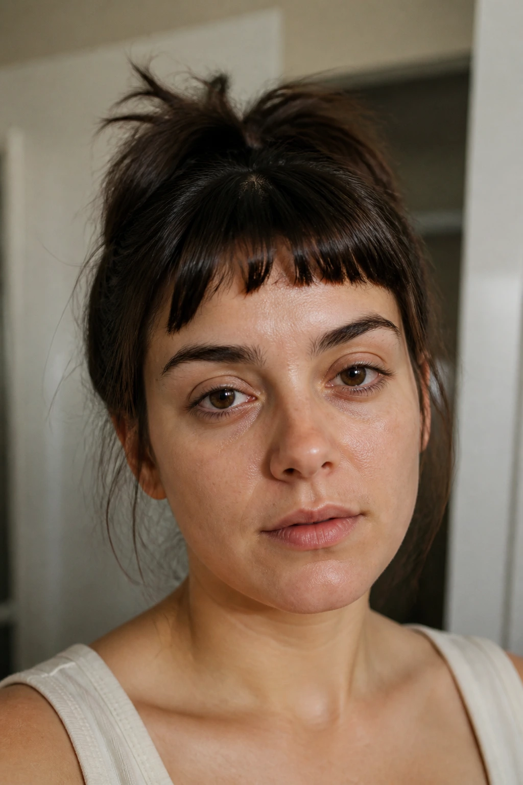 Close-up of a real woman with bangs cut too short and a cowlick