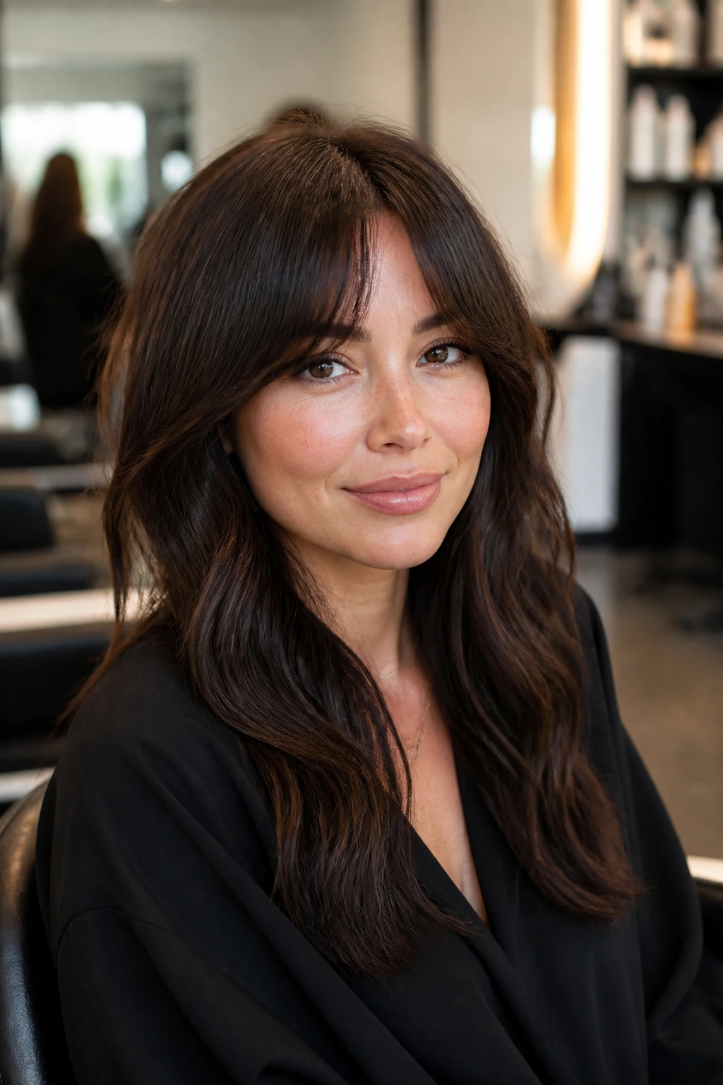 Real woman in a salon chair with clearly shaped bangs and center part, ready to discuss the cut.