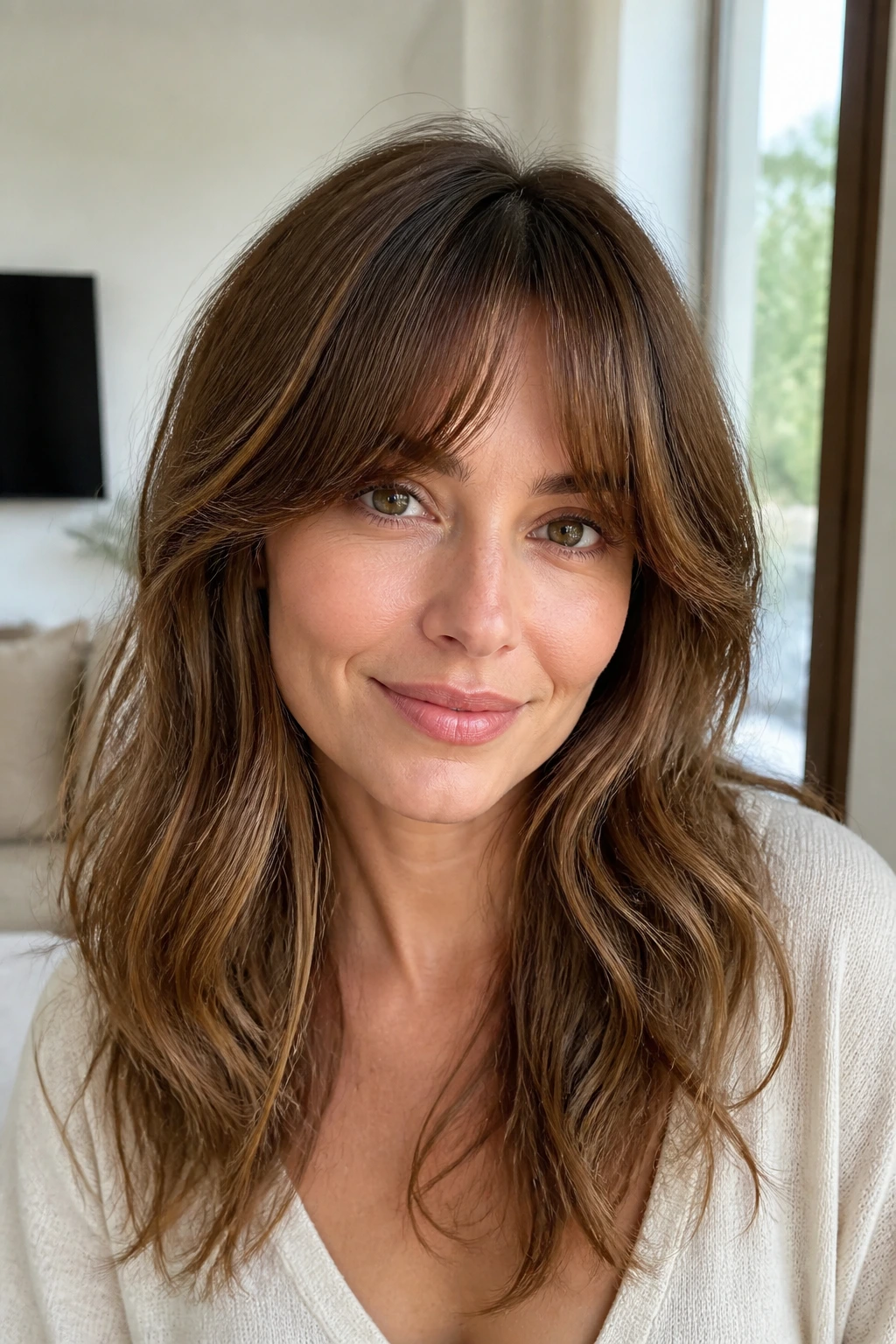 Portrait of person with curtain bangs on loose waves