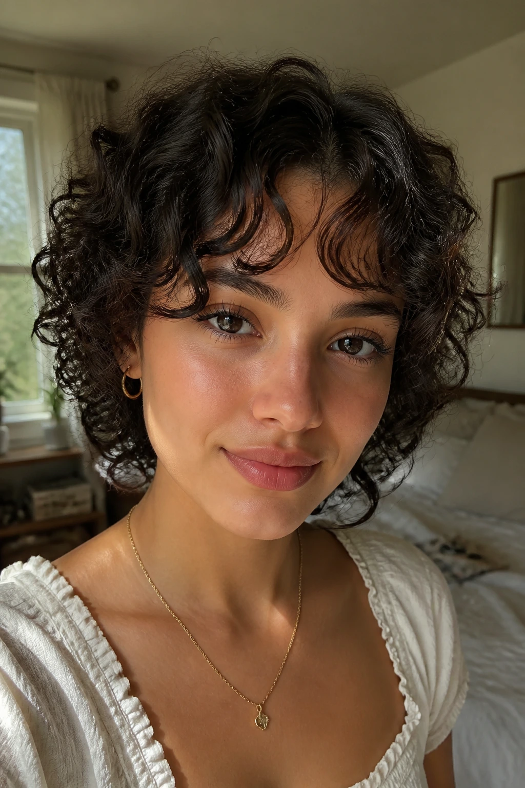 Close-up of a real woman's bangs shaped to create eye path and cheekbone balance