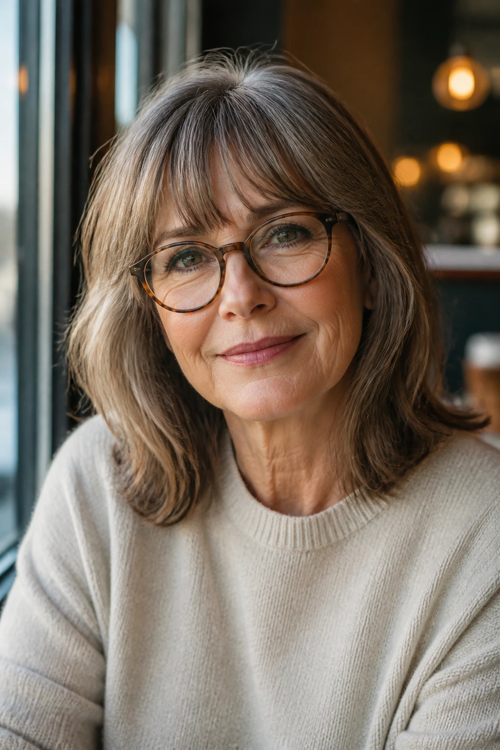Portrait of a woman over 50 with bangs and glasses in a cafe-like setting