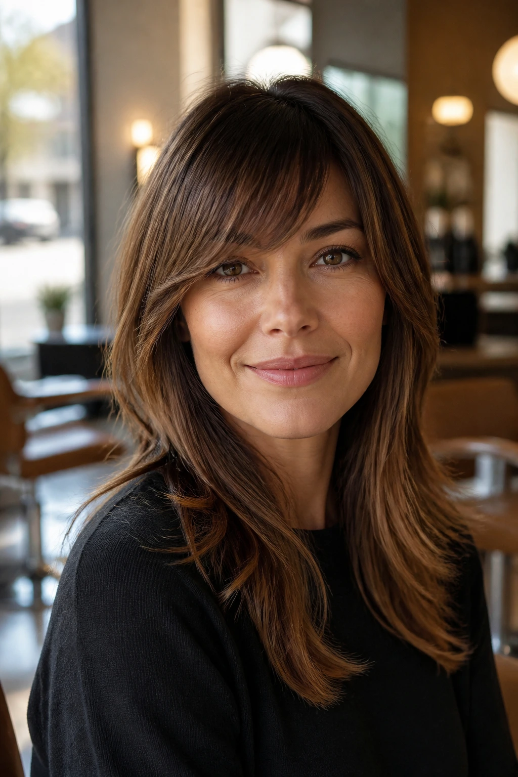 Portrait of a woman with side-swept bangs in a salon