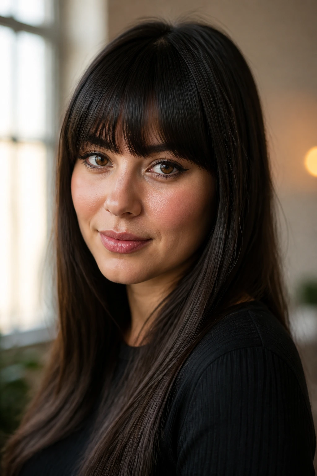 Portrait of a woman with bangs on straight hair, window light and soft background