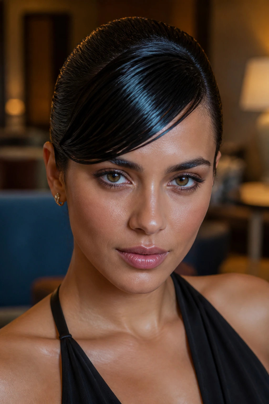 Close-up of Wet-Look Bang Sweep on a real person with glossy diagonal bangs