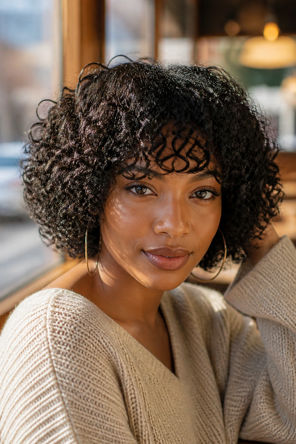 Close-up of a real person with curly bangs and a bob in cafe light