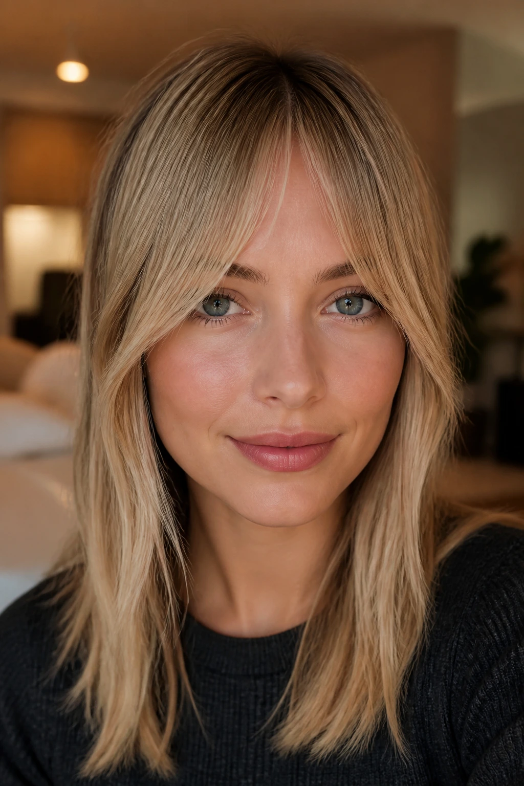 Portrait of a real woman with bottleneck bangs featuring a narrow center and cheekbone grazing outer pieces