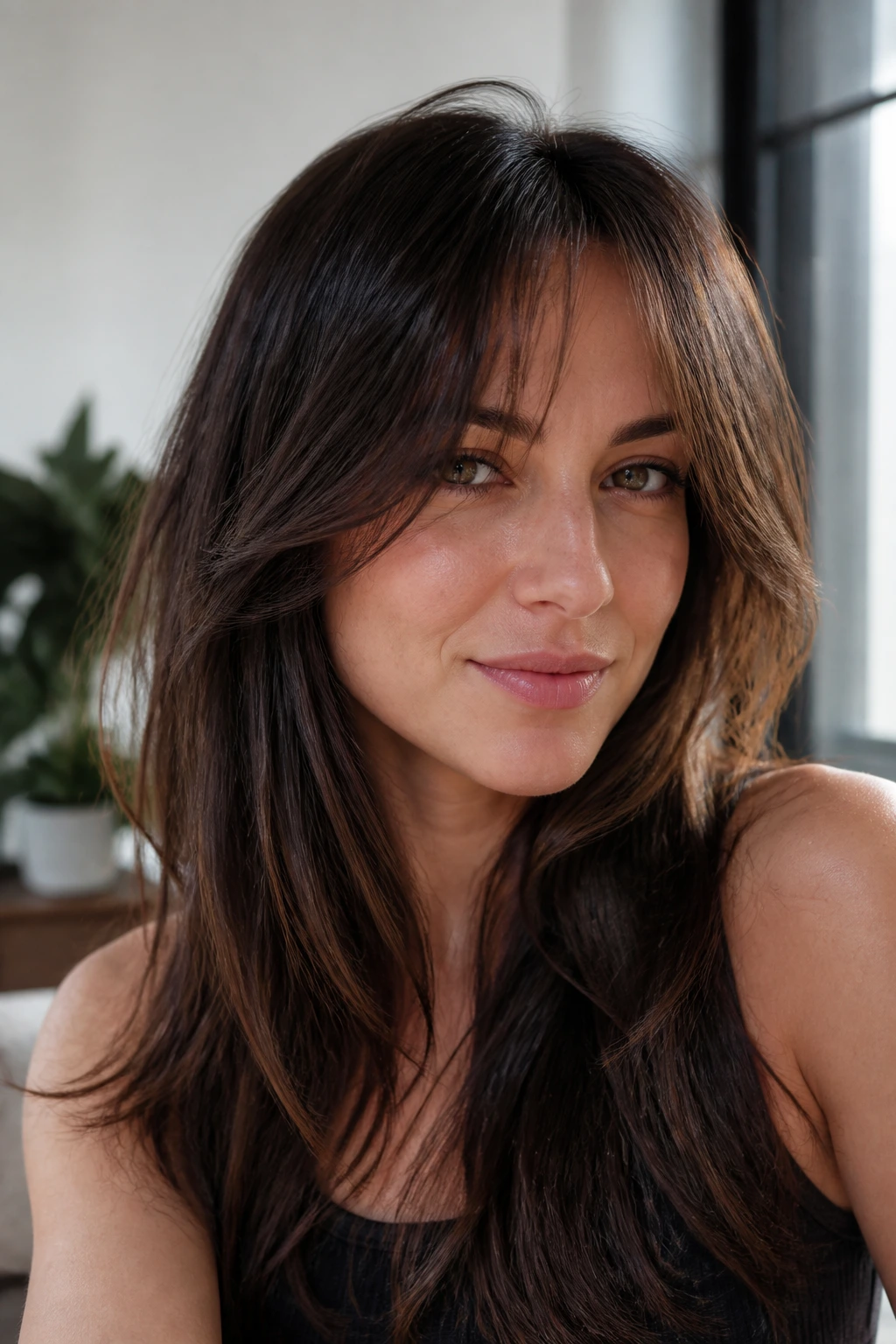 Close-up of a real woman with razor-textured bottleneck bangs showing movement
