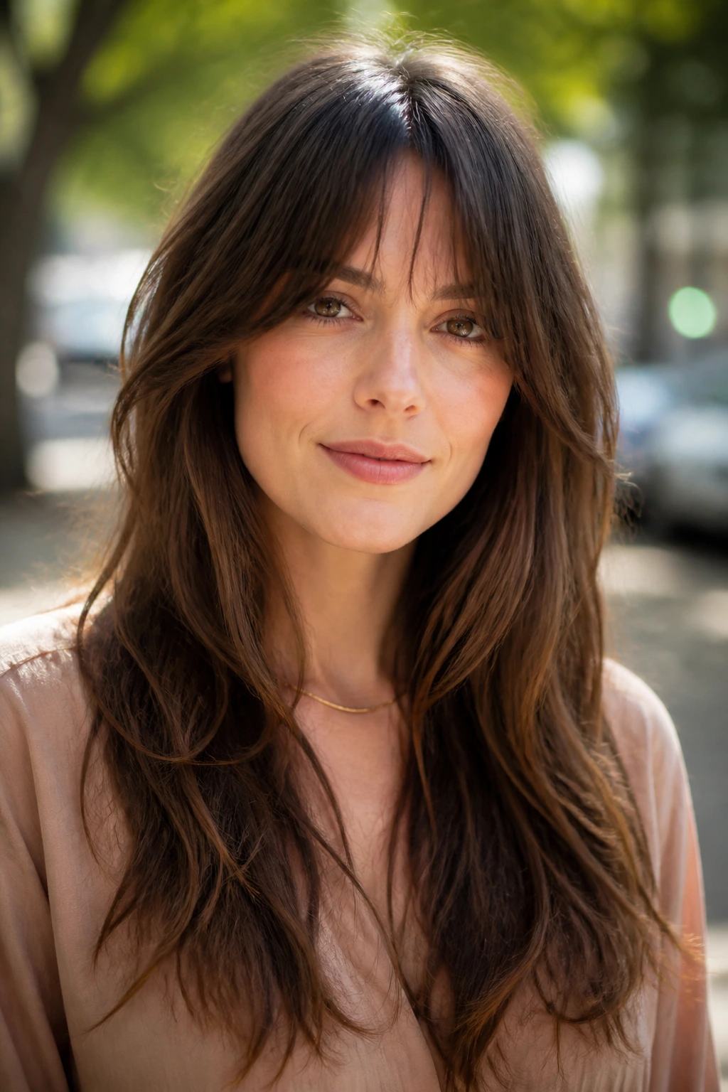 Close-up of a real woman with shaggy bottleneck bangs blending into long layers