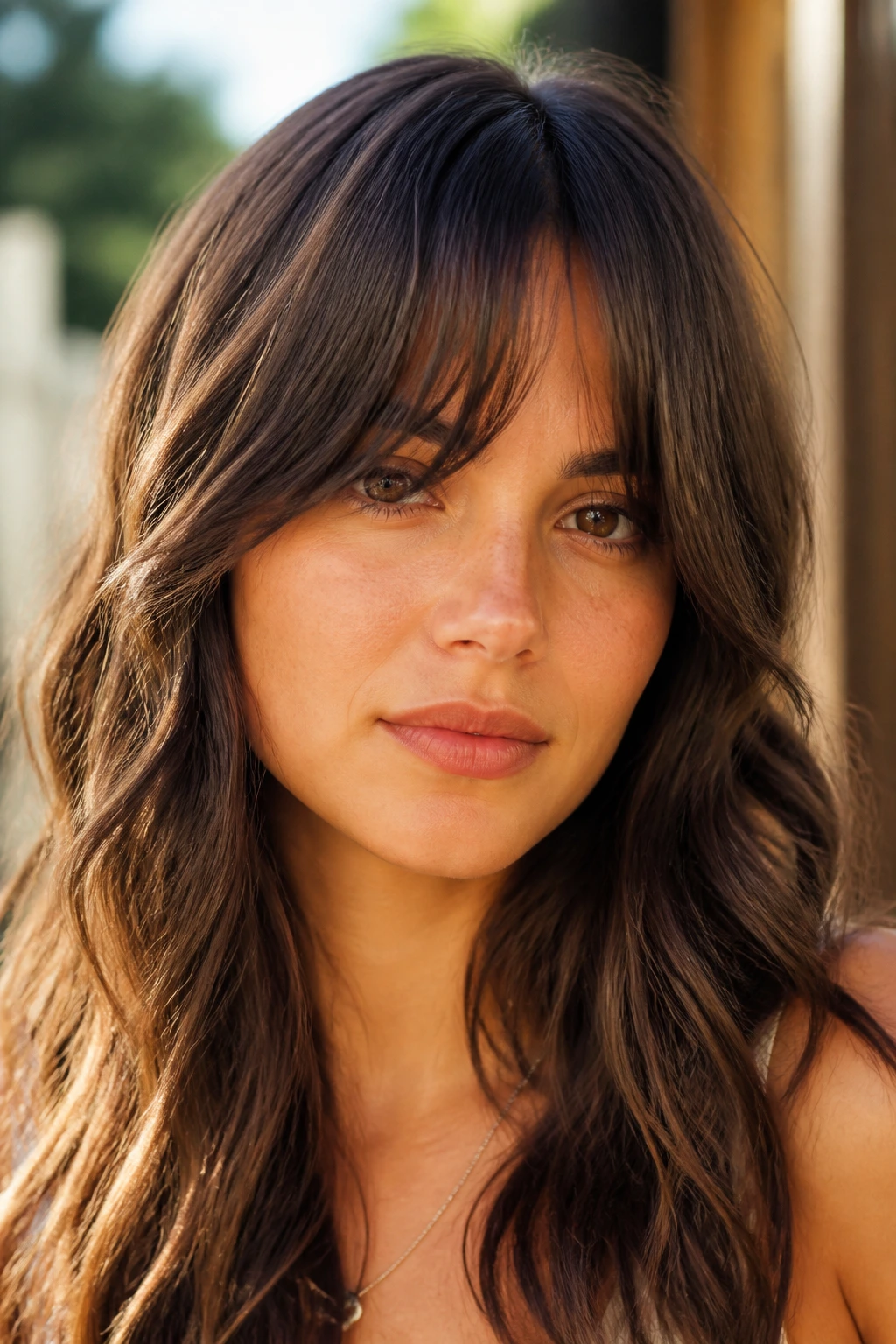 Close-up of a real woman with air-dried bottleneck bangs on loose waves in natural sunlight