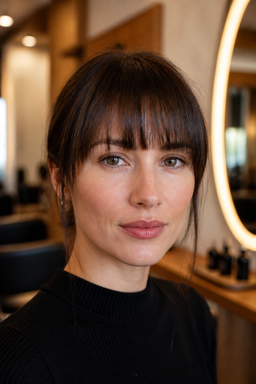 Close-up of a real woman with bangs aligned to the brow line in a warm salon setting