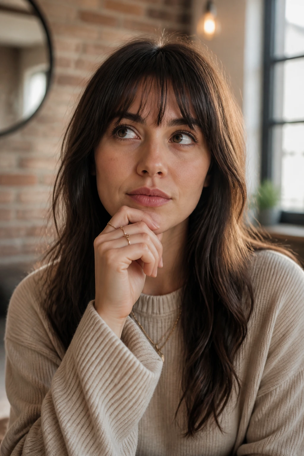 Thoughtful close-up portrait of a person considering bangs
