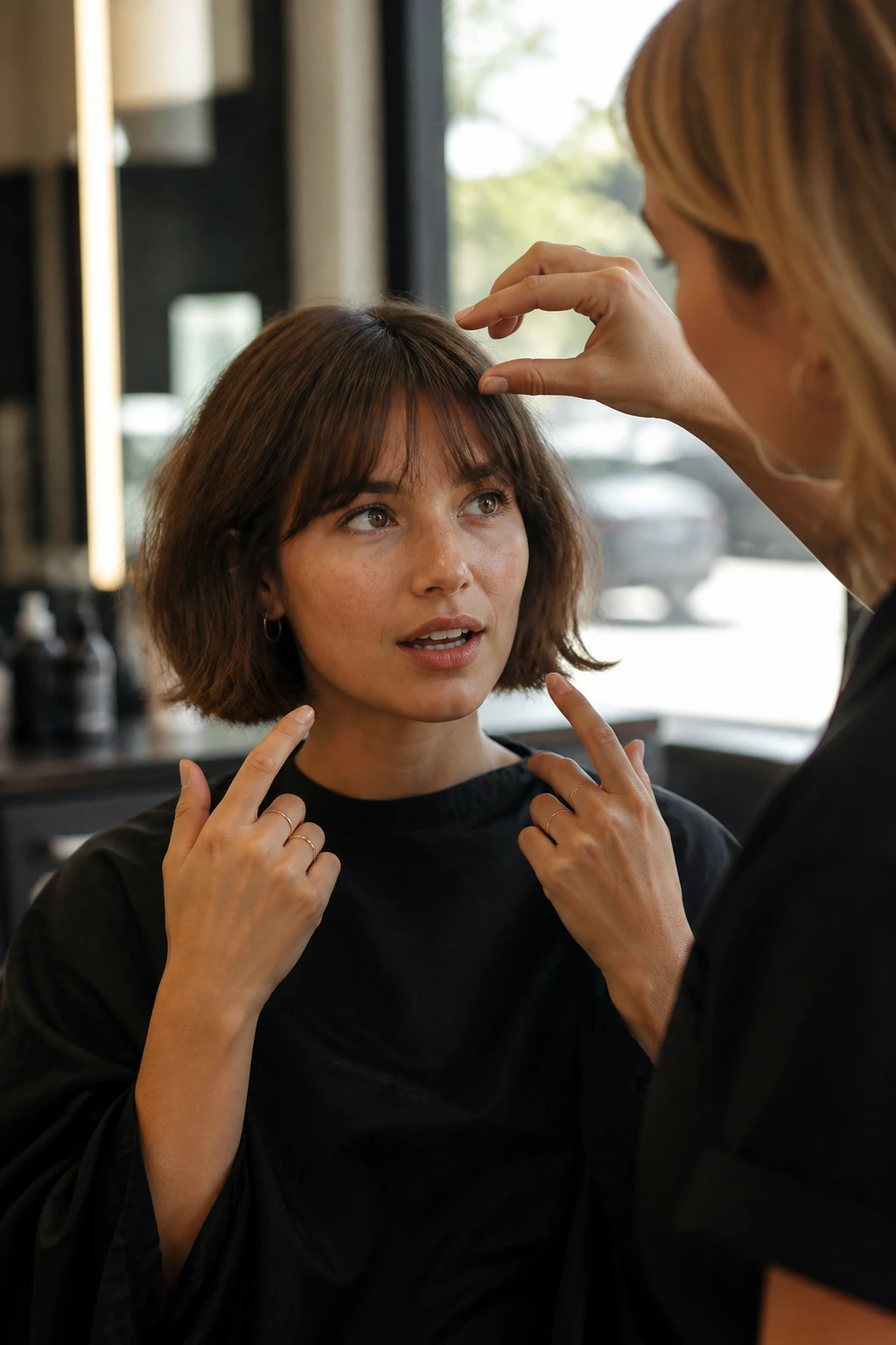 Close-up portrait of a woman discussing fringe length with a stylist in a bright salon.