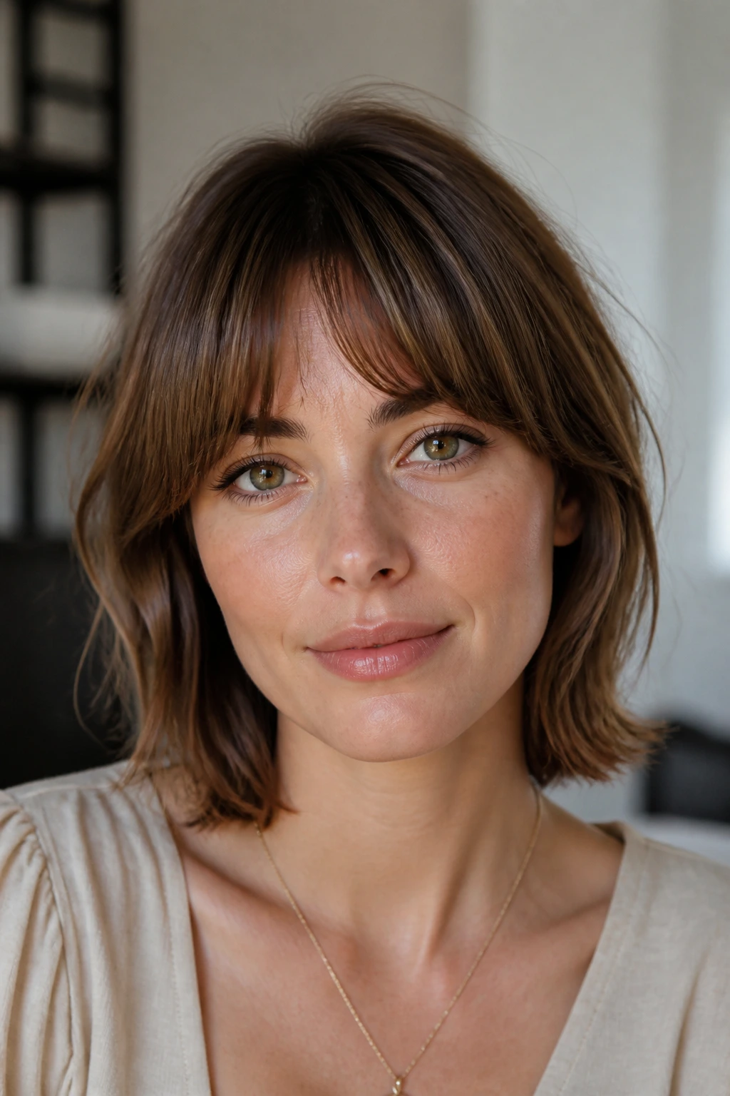 Portrait of a real woman with short curtain bangs just above the brows, showcasing a soft brow sweep