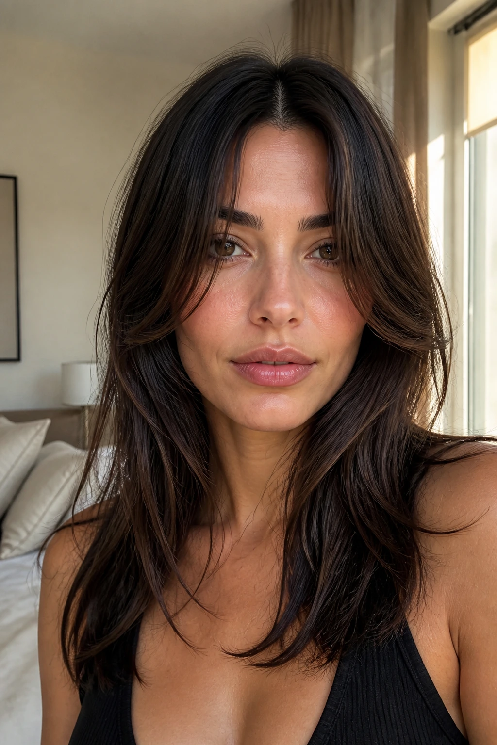 Portrait of a real woman with long curtain bangs starting at the cheekbone sweeping away from the face
