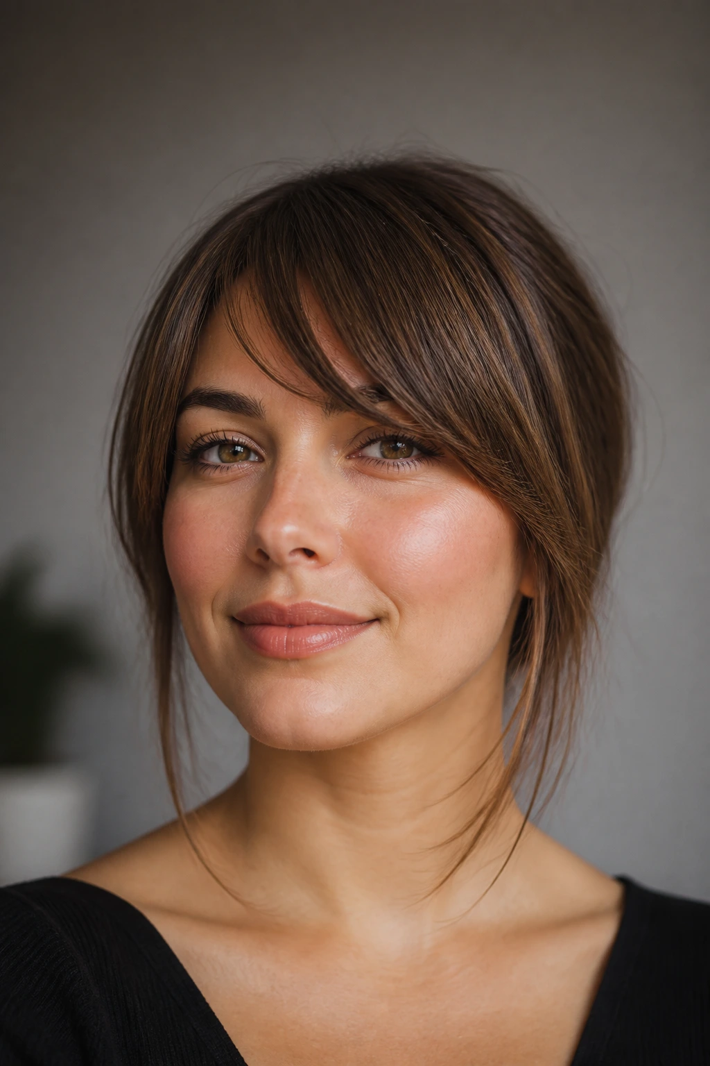 Close-up of a real woman with angled bangs to elongate a round face