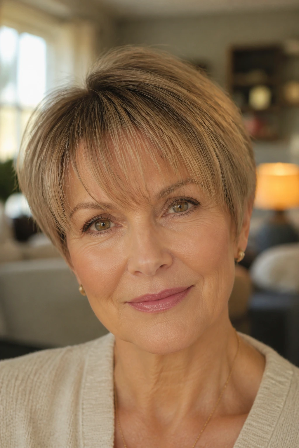 Close-up of a real woman with light face-framing bangs and lifted roots