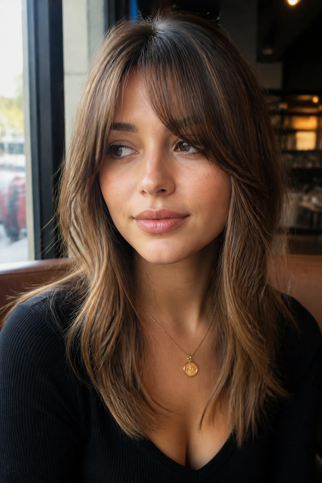 Close-up of a real woman with bottleneck bangs and long face-framing pieces
