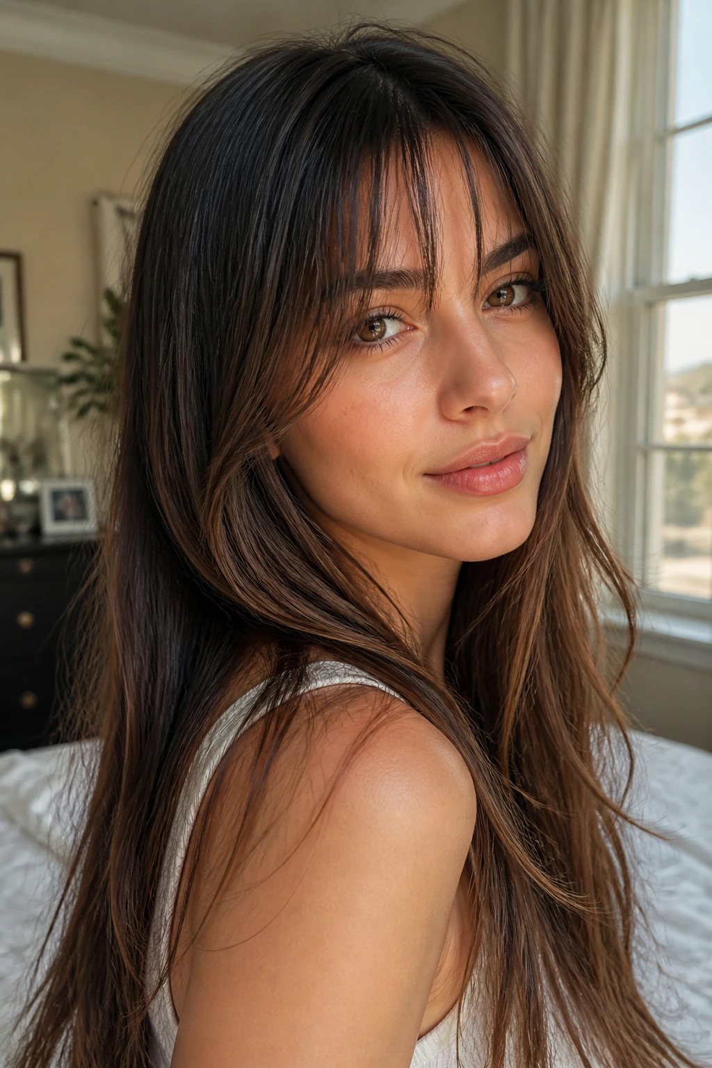Close-up portrait of a real woman with face-framing bangs in natural window light
