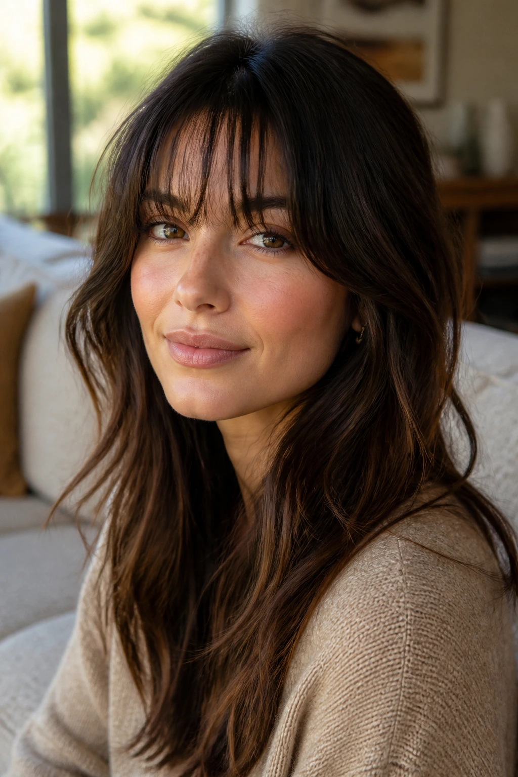 Close-up of a real woman with soft face-framing bangs in warm window light