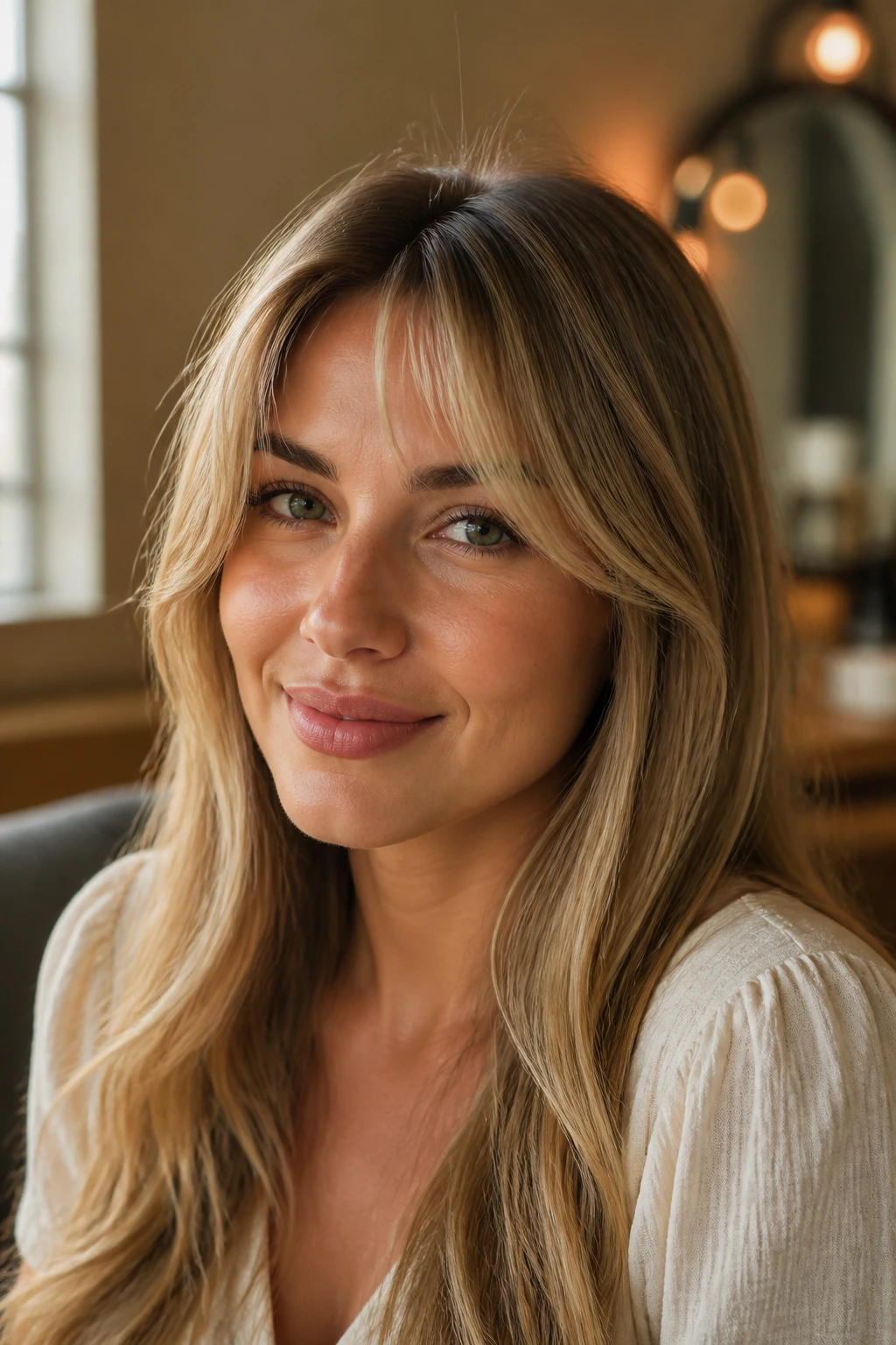 Close-up of a real woman with fine hair and bottleneck bangs giving a fuller front