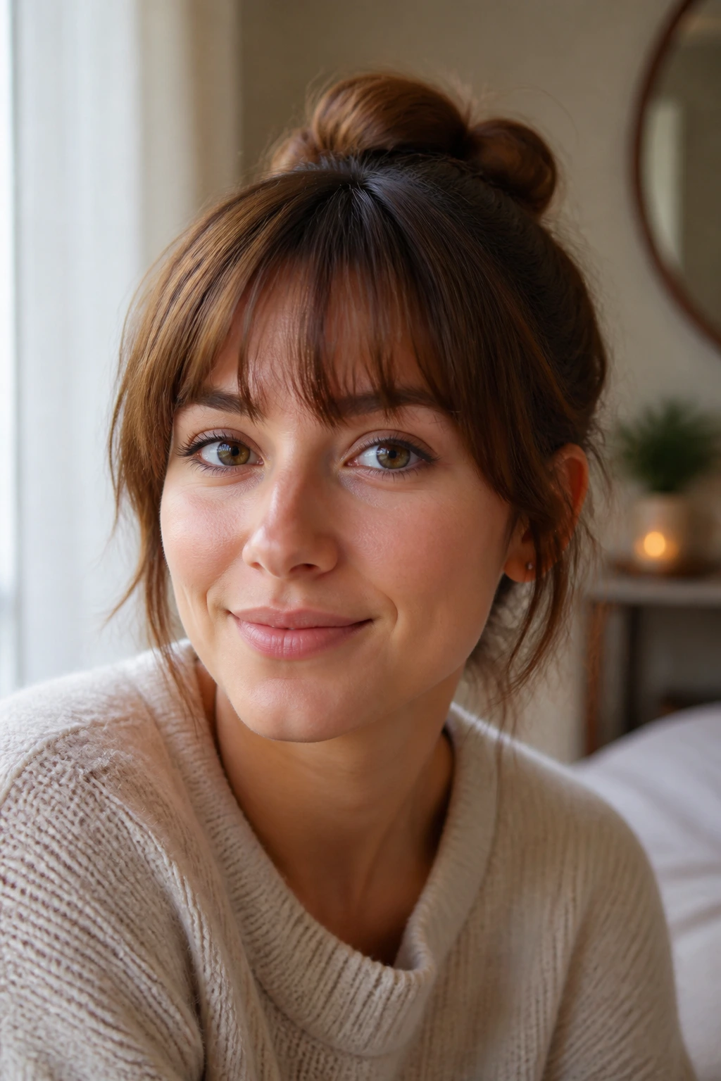 Real person with bangs looking fresh between trims in natural light