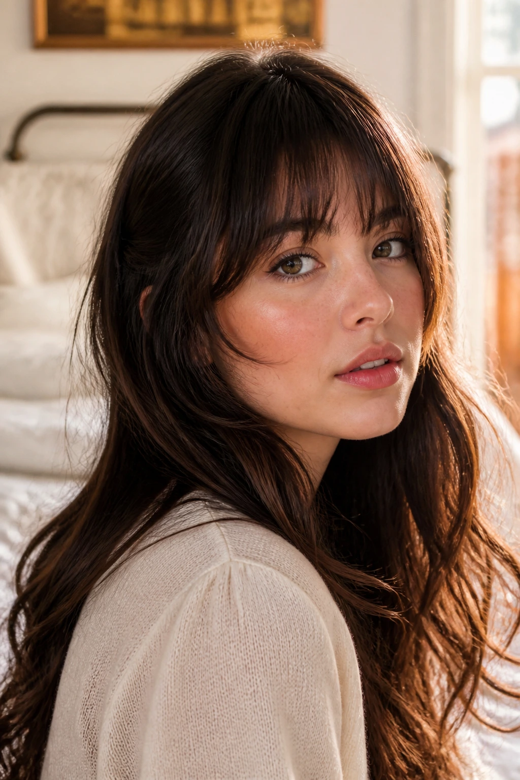 Close-up of a real woman wearing a vintage fringe framing the cheekbones