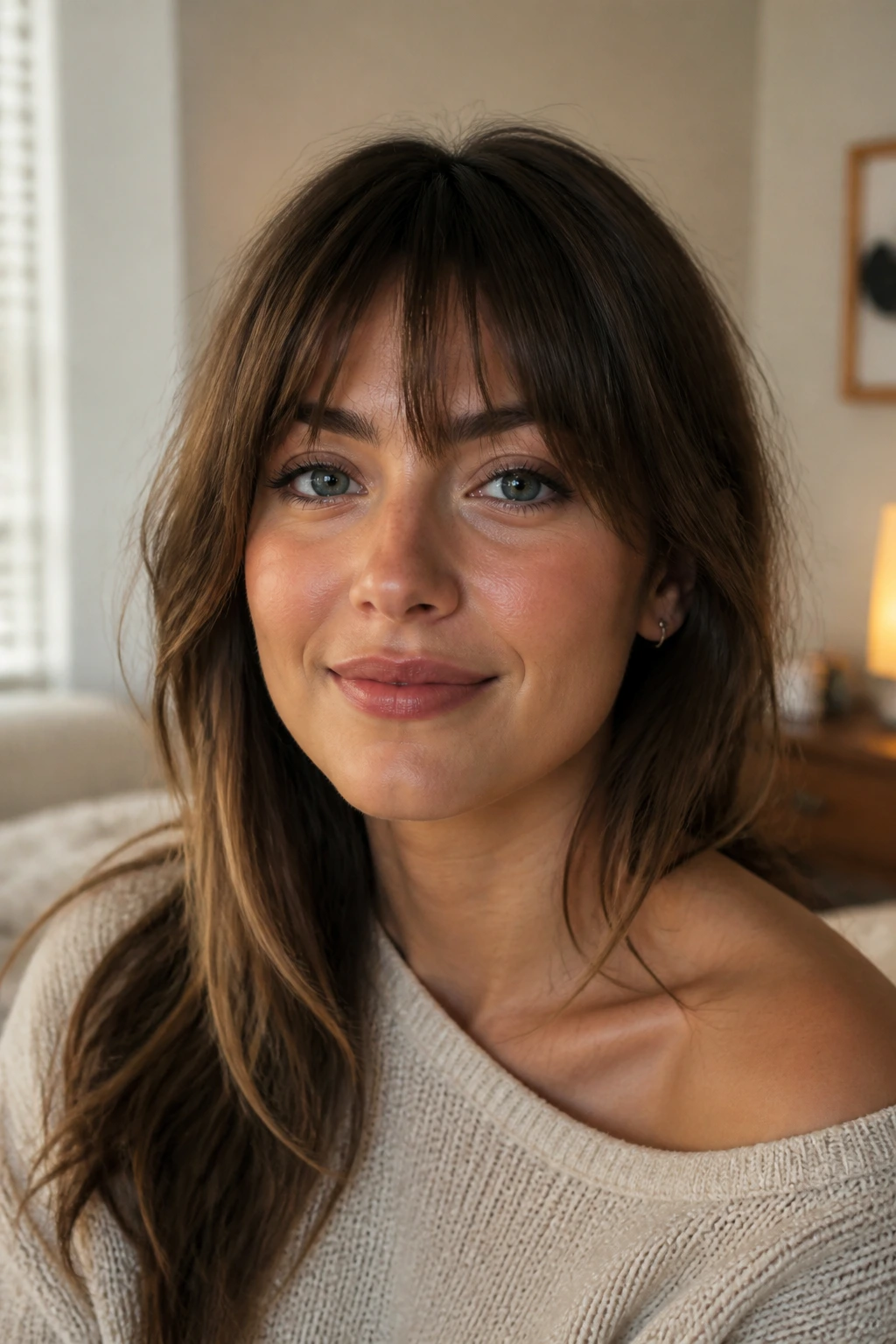 Close-up portrait of a real woman with bangs in a cozy room