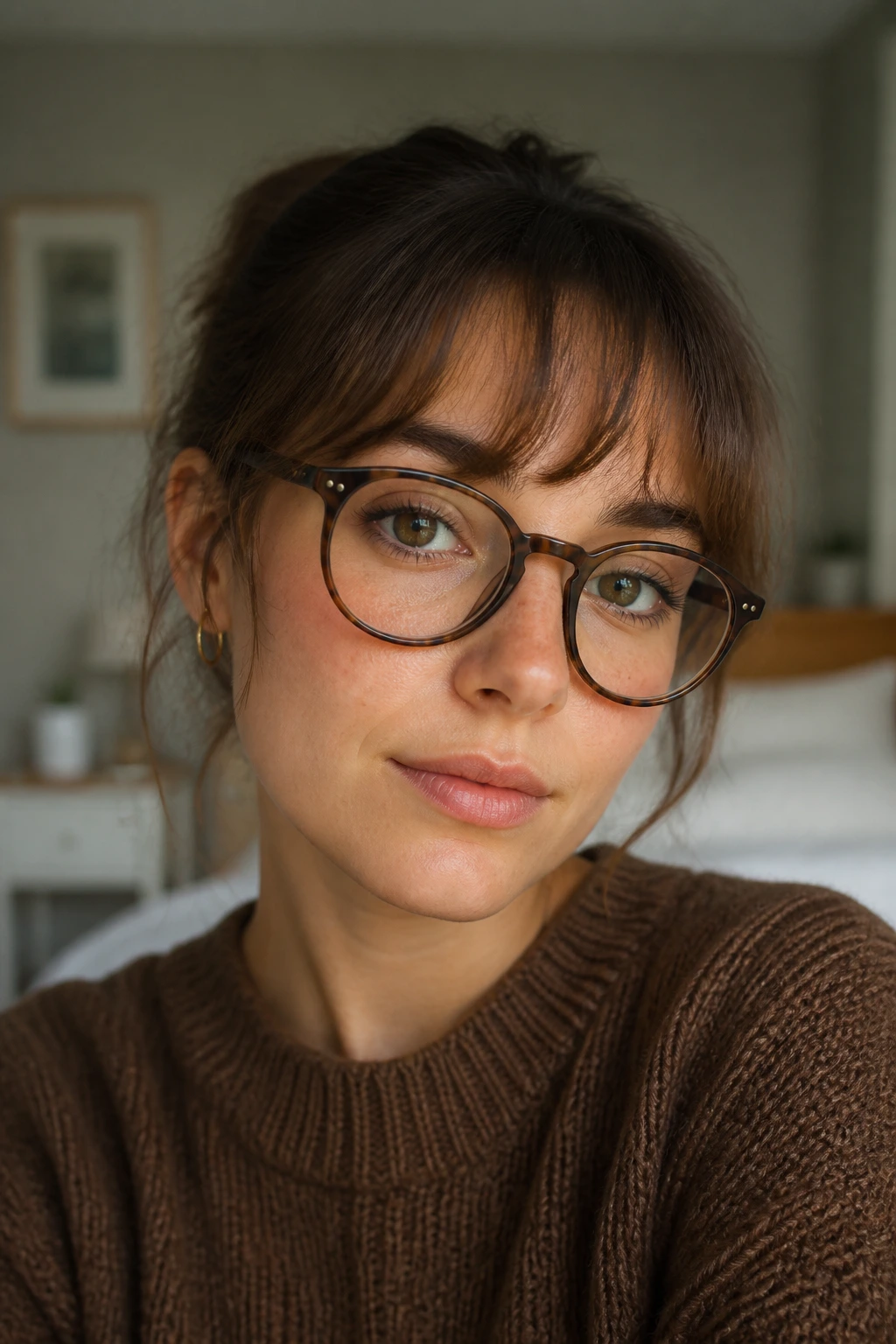 Close-up of a woman with curved bangs and round glasses in warm bedroom light
