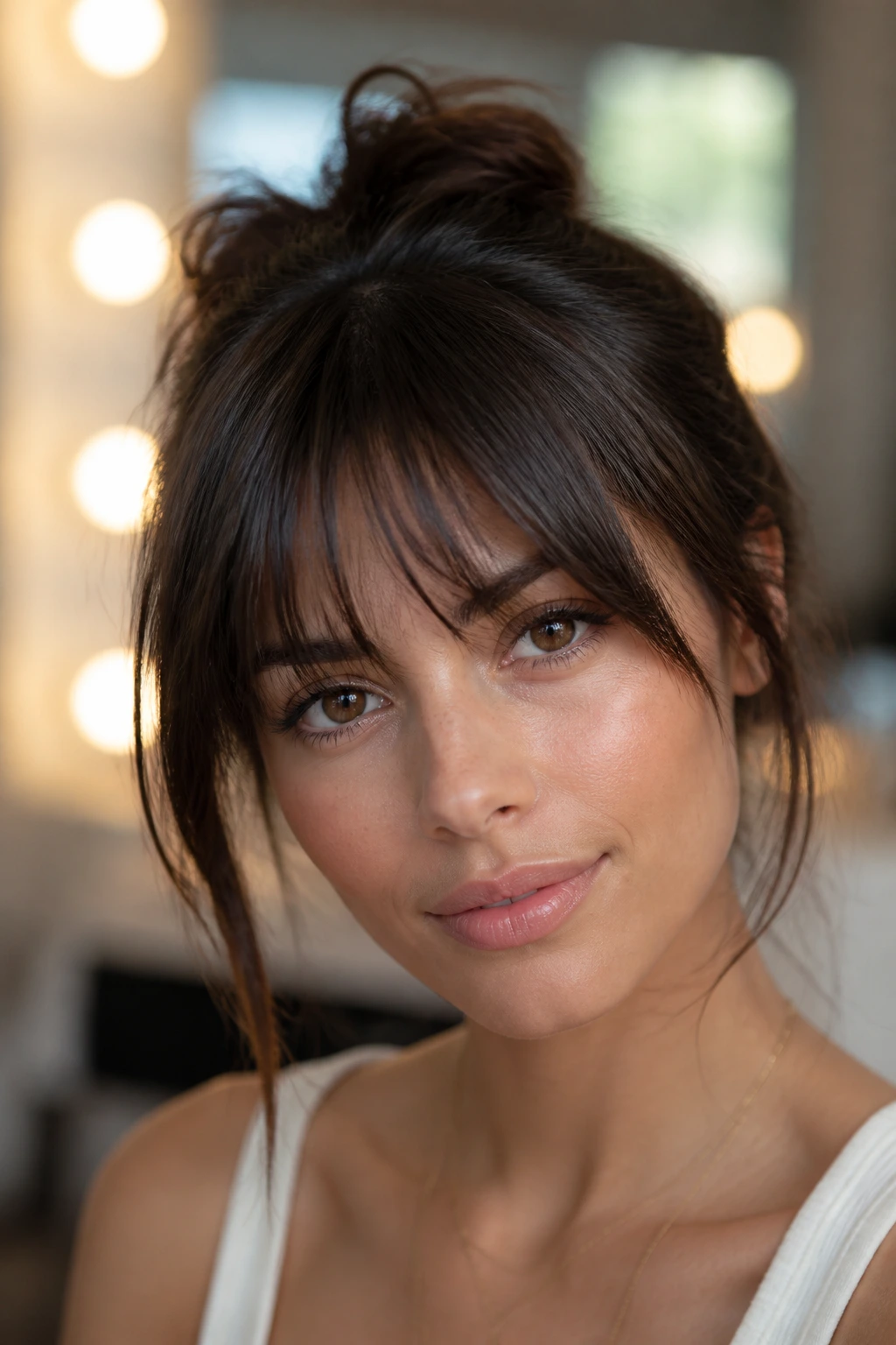 Portrait of a real woman with bangs showing hairline and texture in soft light