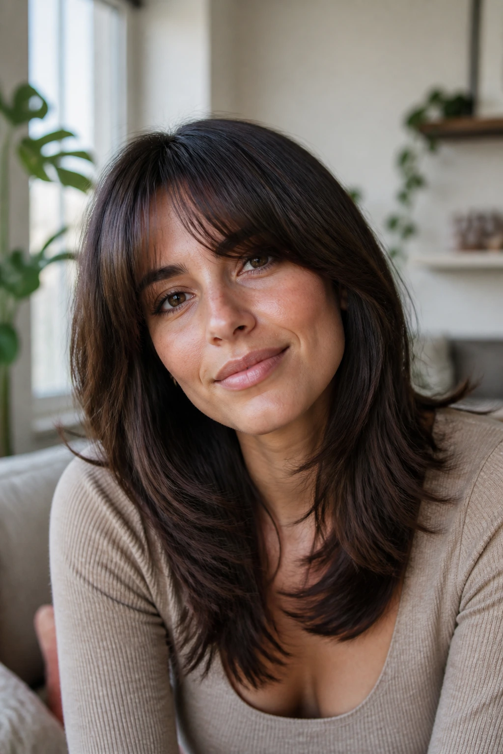 Portrait of a real woman wearing bangs that blend with a layered cut