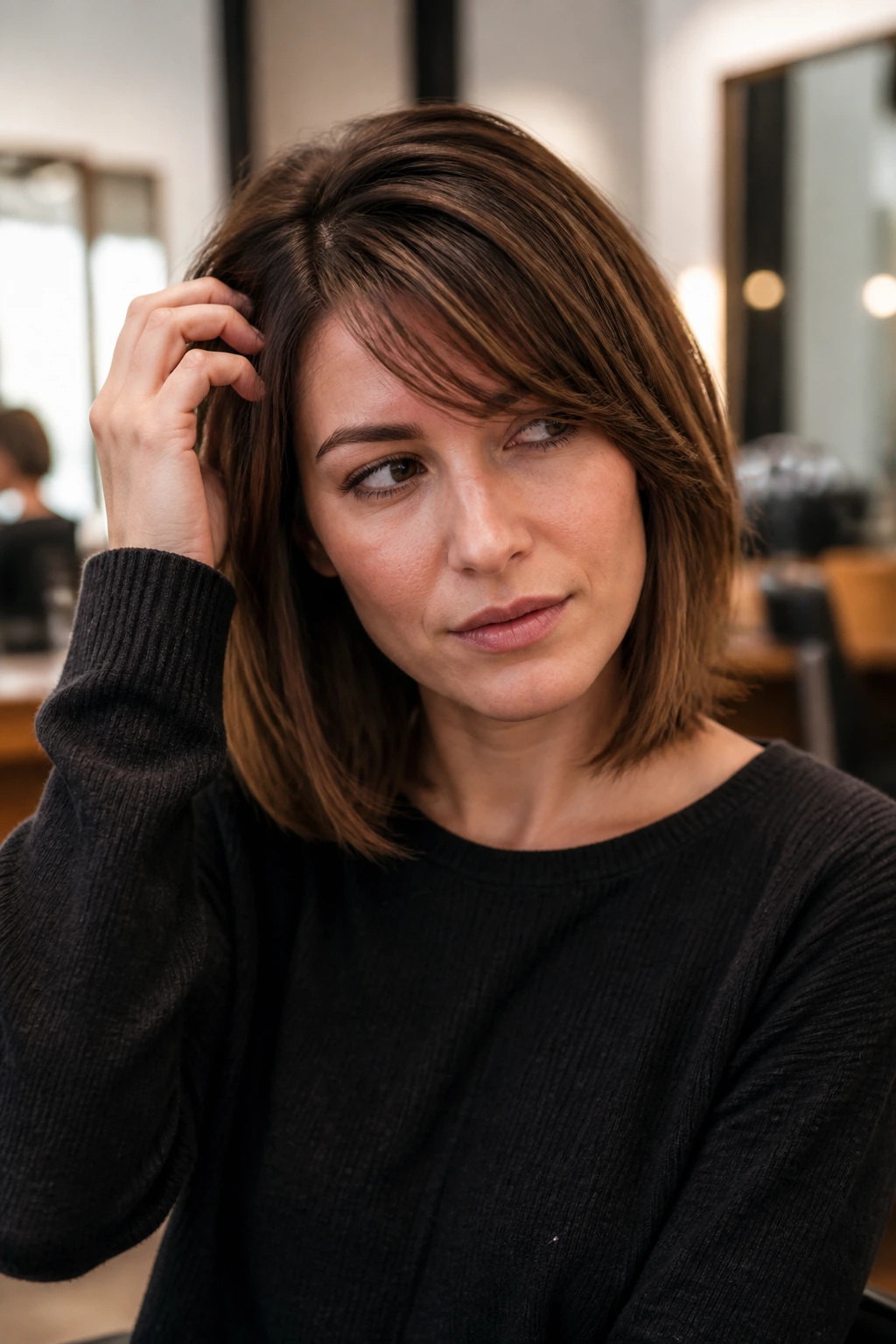 Close-up portrait of a thoughtful woman with side bangs in a salon-like setting, considering hair length