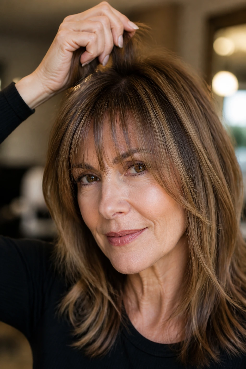 Close-up of bangs lifted at roots on a real woman