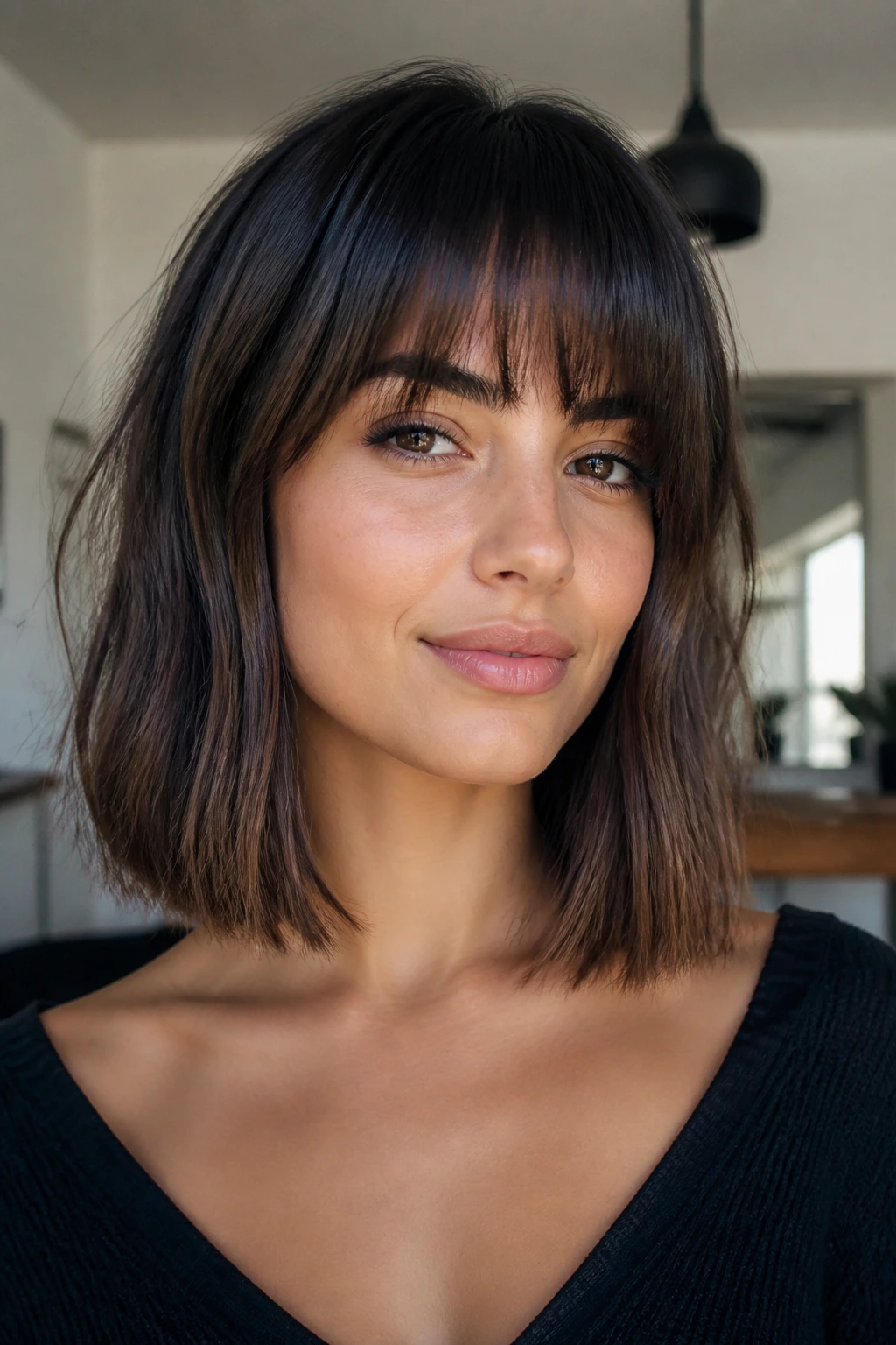 Real woman with bangs paired with a lob silhouette