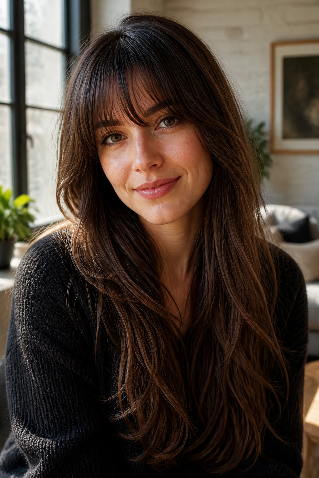 Close-up of a real woman with bangs on long hair showing front fringe contrast