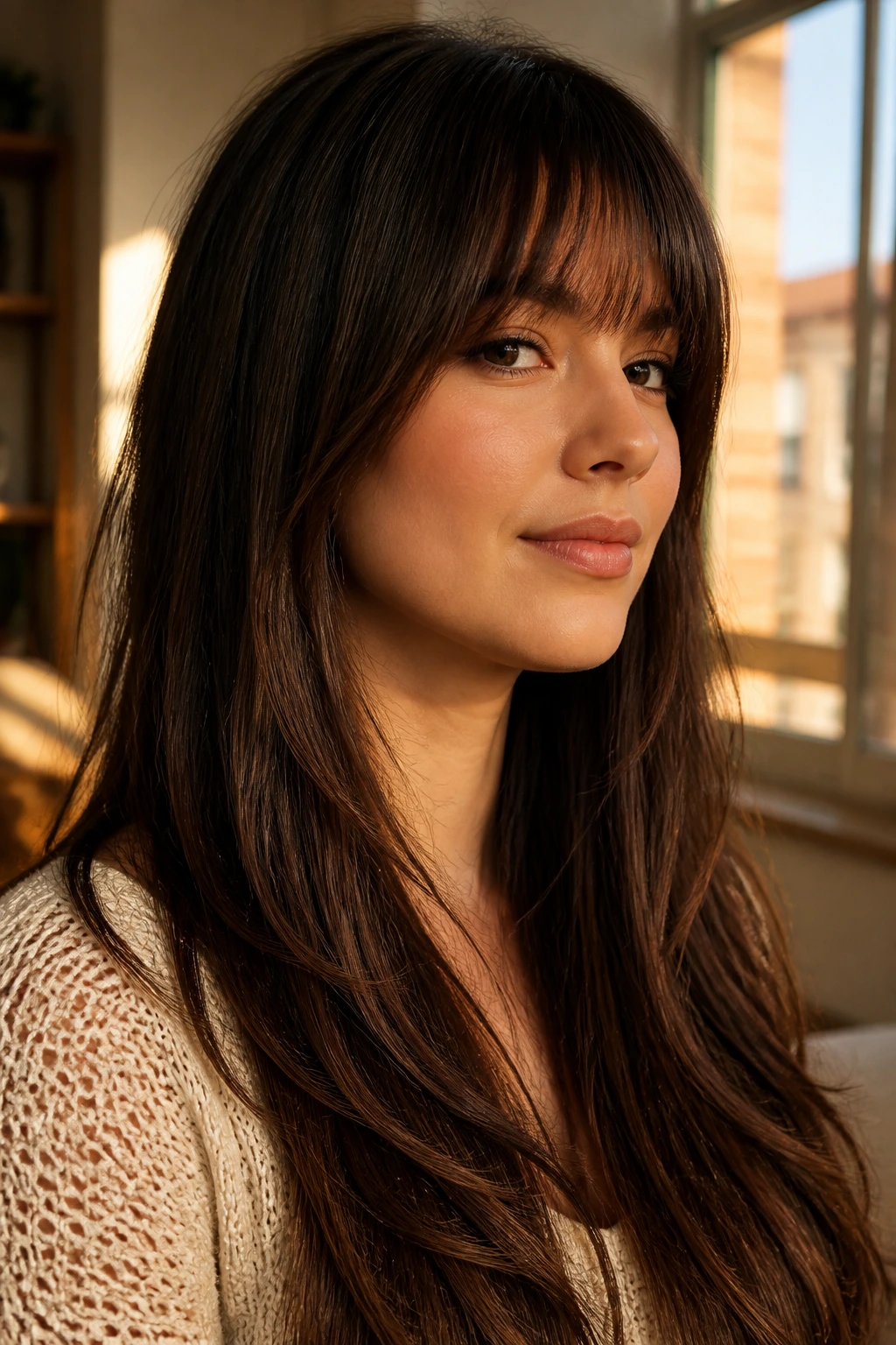Portrait of a real person with bangs and long hair illustrating shape changes for a round face