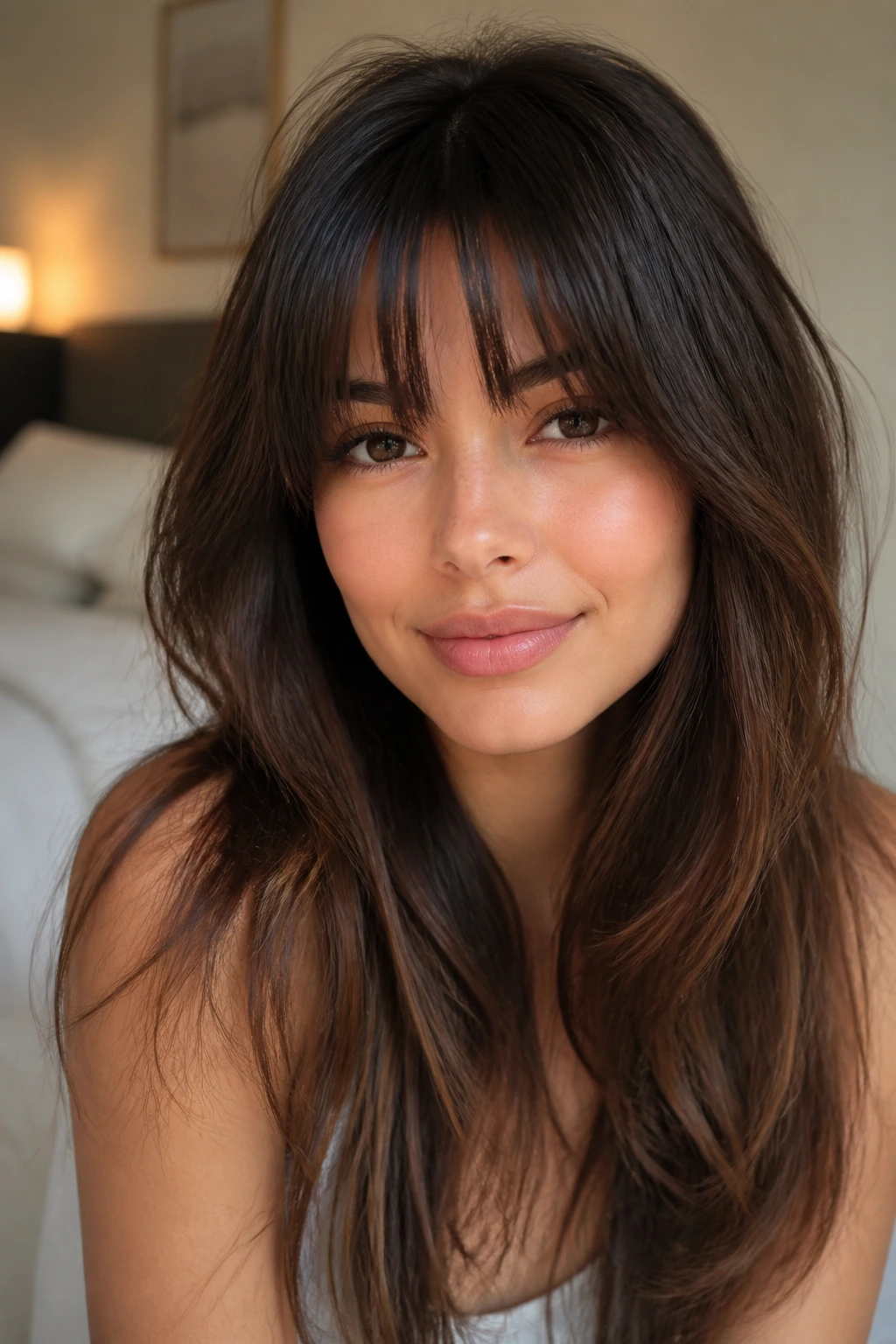 Close-up portrait of a real woman with long hair and a soft fringe in warm natural light