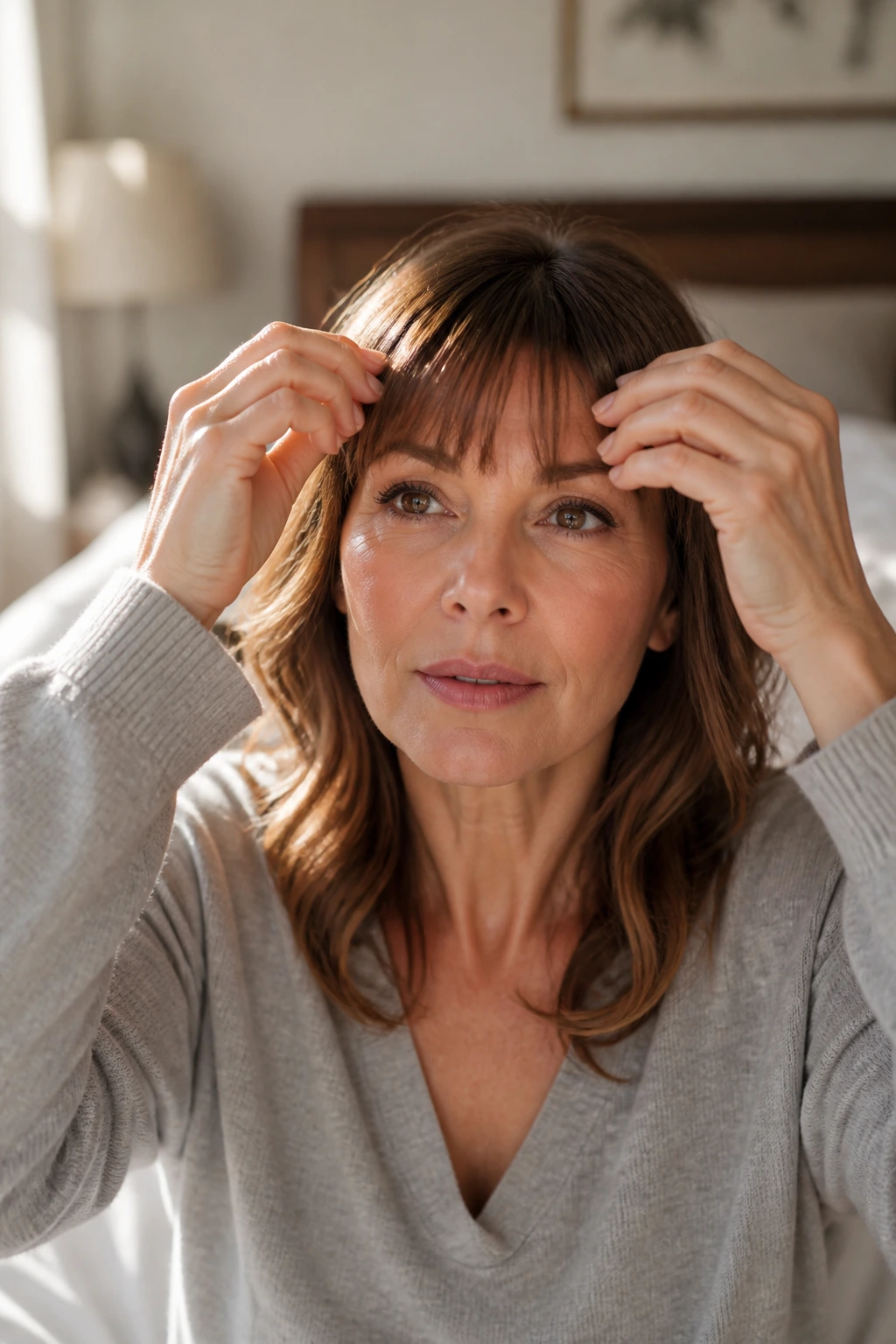 Close-up of a real woman lifting her bangs to check shape in a sunlit room