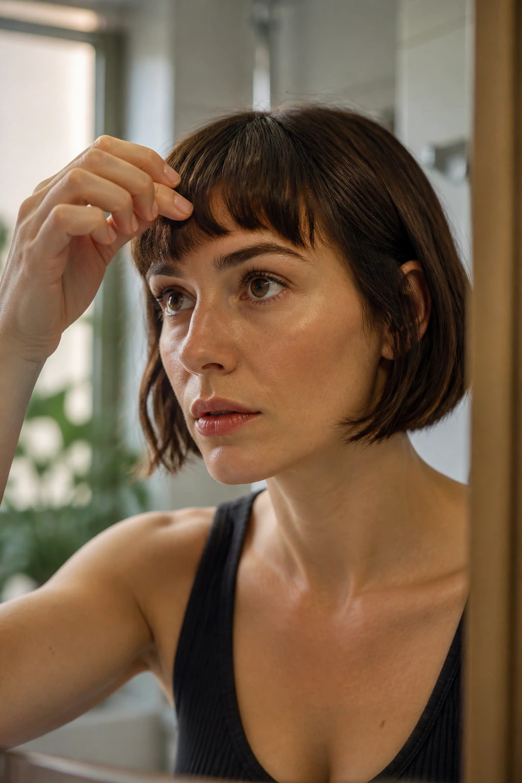 Close-up of a real woman with short bangs checking her fringe in a bathroom, illustrating fringe maintenance