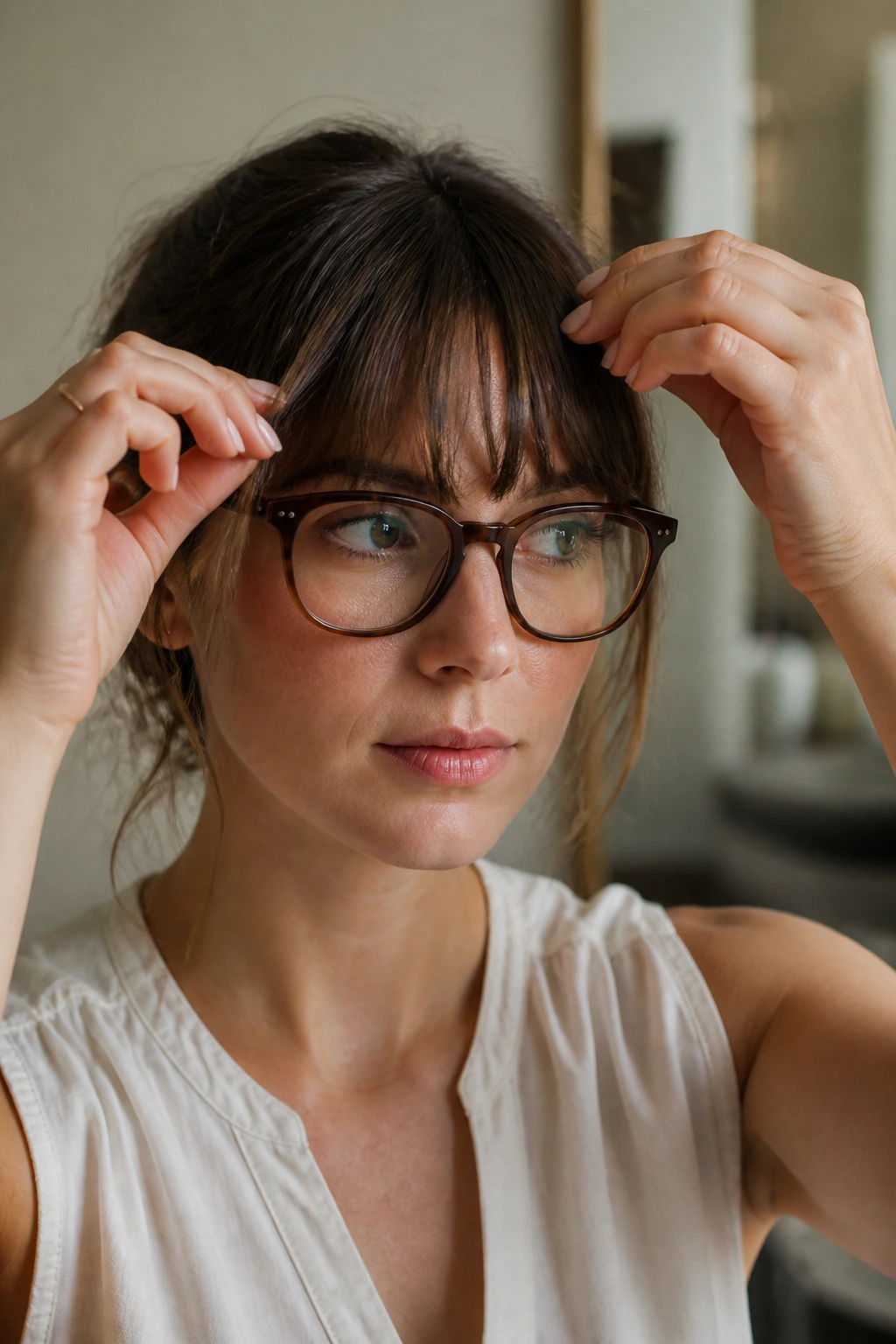Close-up of a woman touching bangs near glasses in a softly lit bathroom