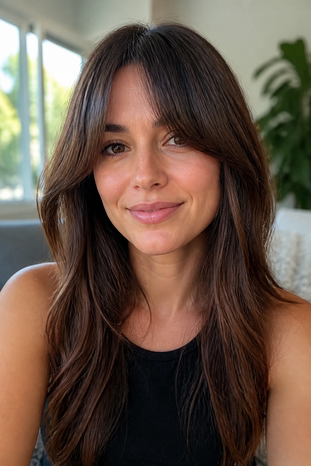 Close-up of a woman with long curtain bangs blending into hair, in a bright home setting