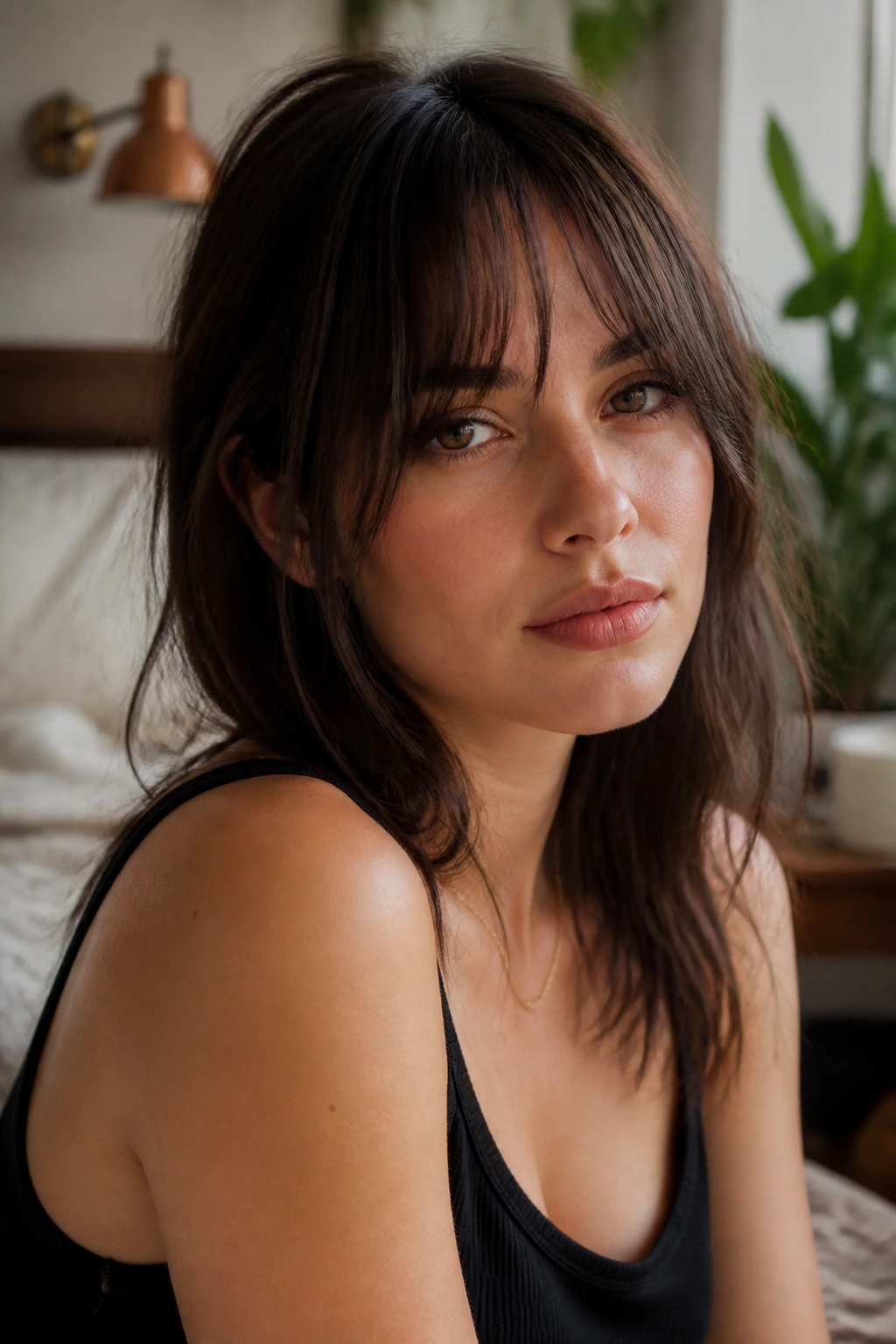 Close-up of bangs neatly styled at cheekbone length on a confident woman