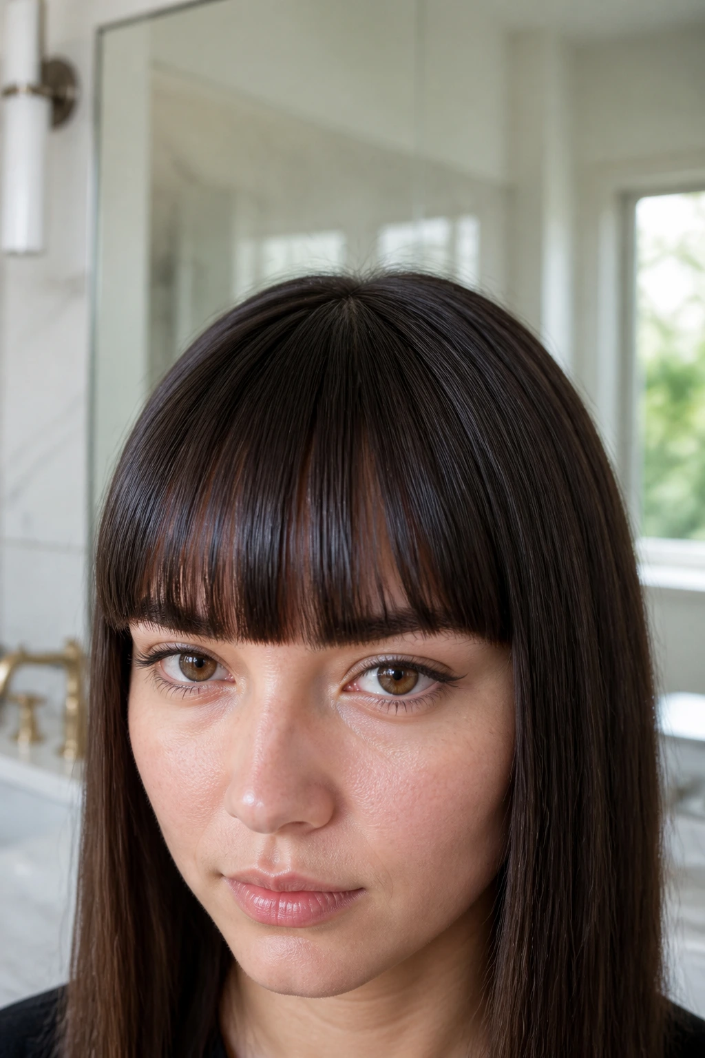Person with clean, blunt bangs in bright bathroom setting