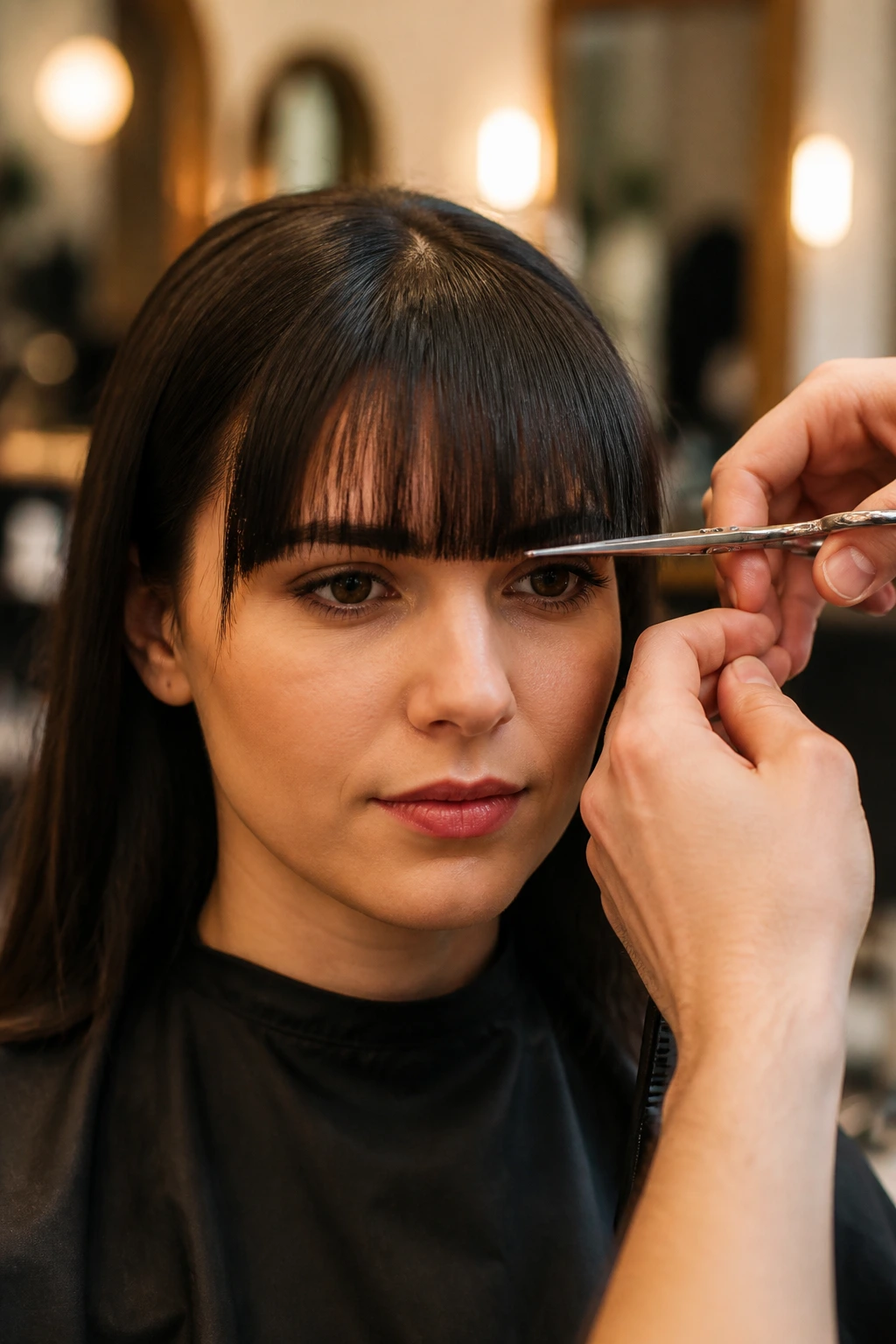 Close-up of a real woman in a salon with a crisp straight-across fringe being trimmed.
