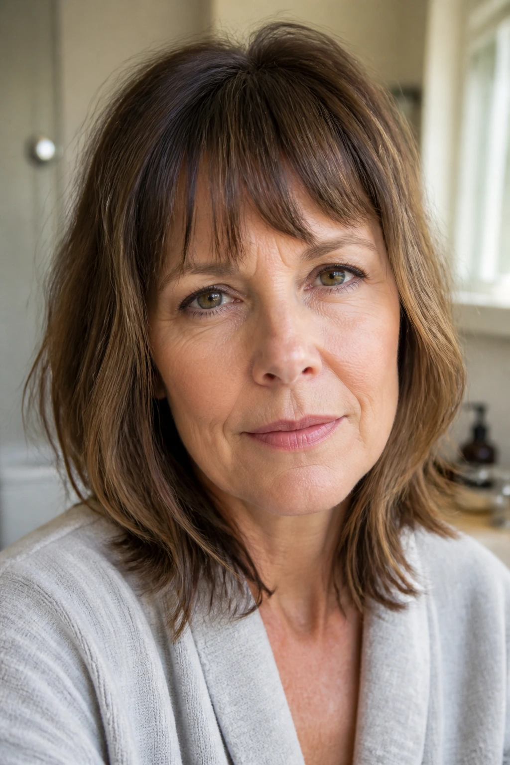 Close-up portrait of a real woman with uneven bangs in a softly lit home