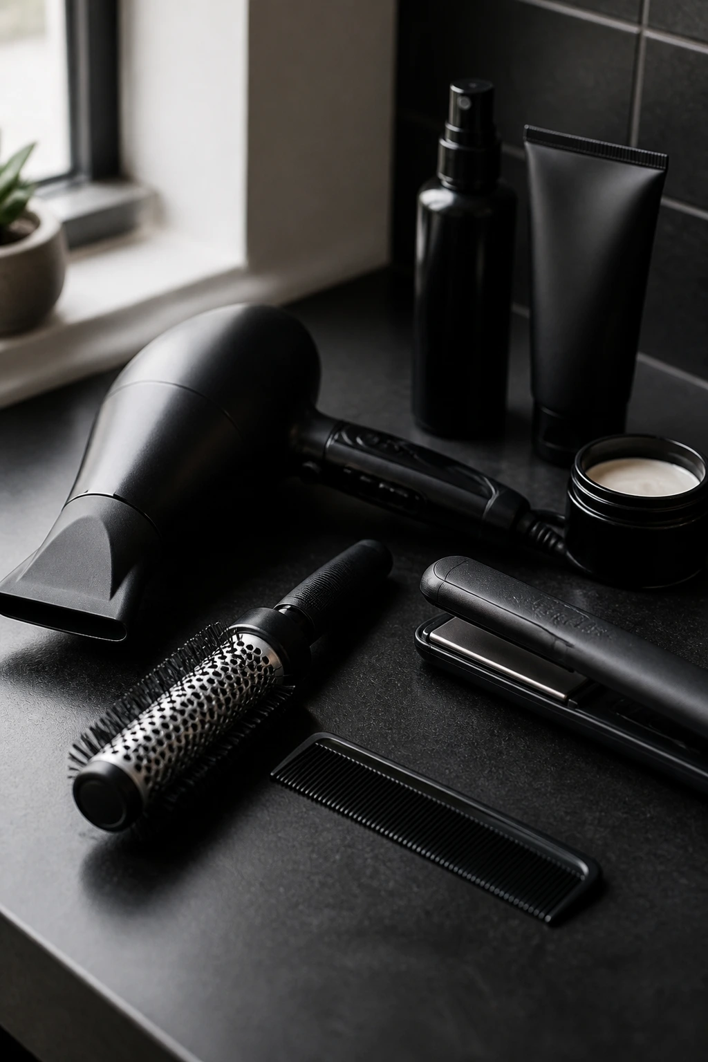 Close-up of grooming tools for bangs and napes on a dark counter.