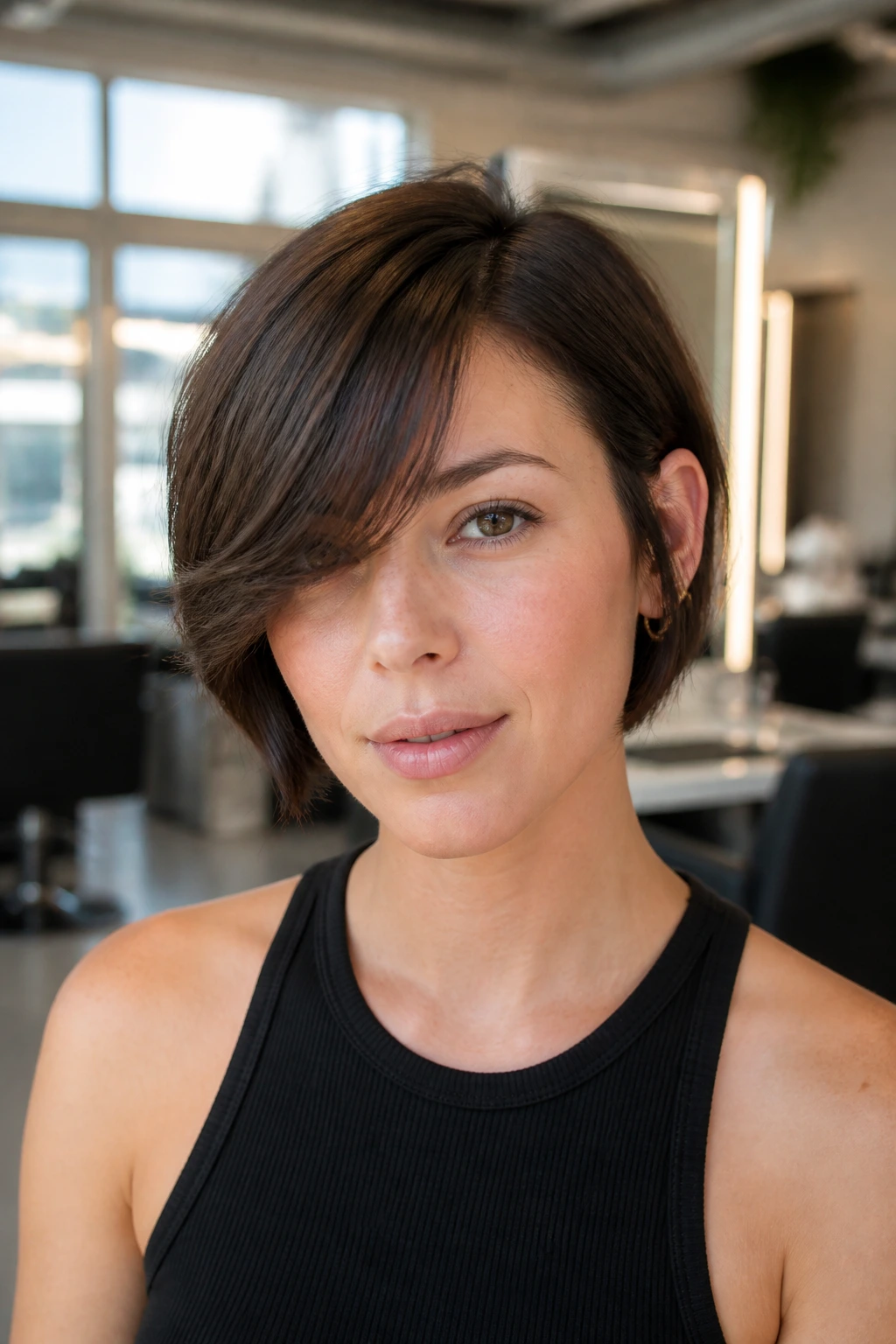 Portrait of woman with side-swept swoop in a sunny salon
